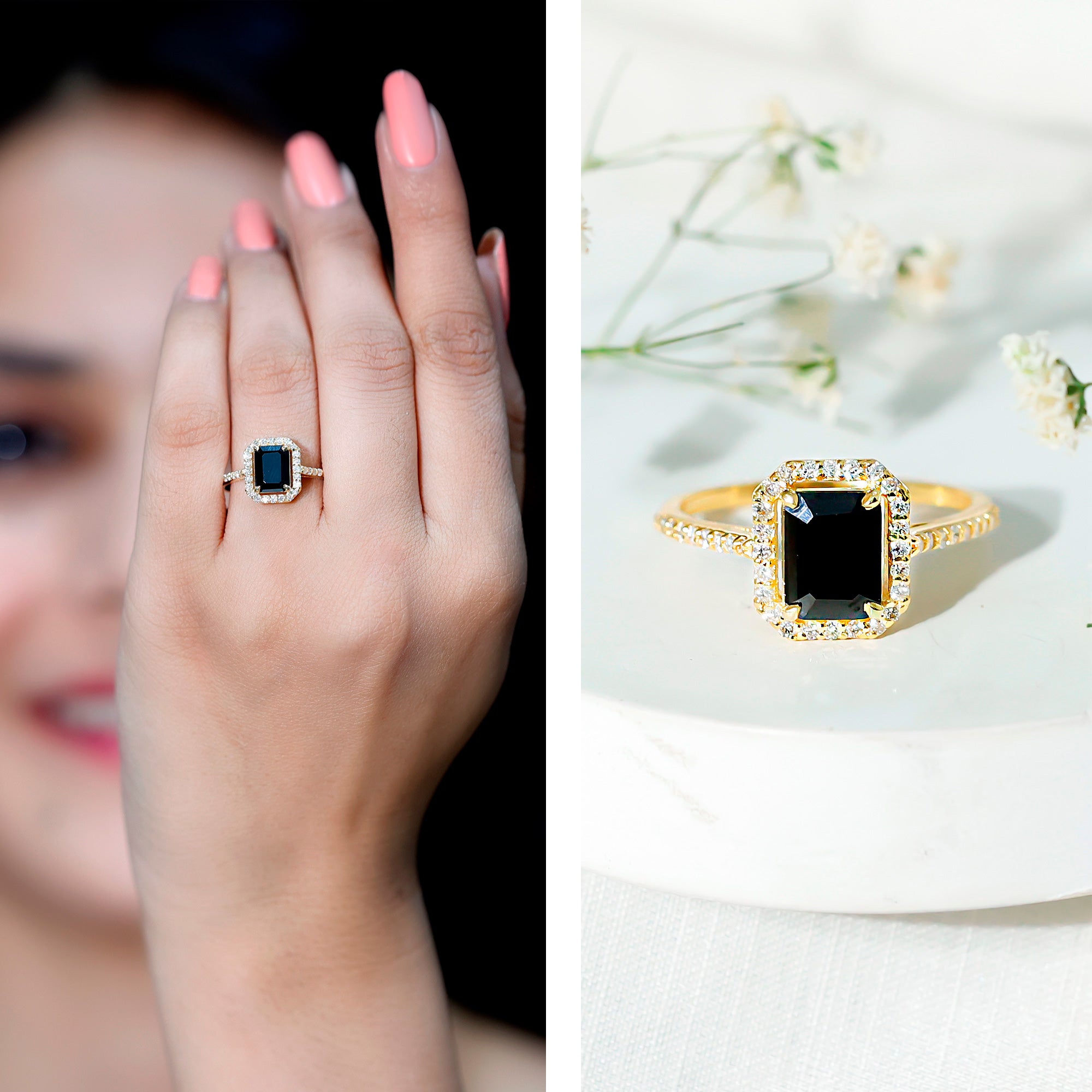 1.6 Carat Lab Grown Black and White Diamond Emerald Cut Engagement Ring with Halo AAAA ( Synthetic ) - Rosec Jewels