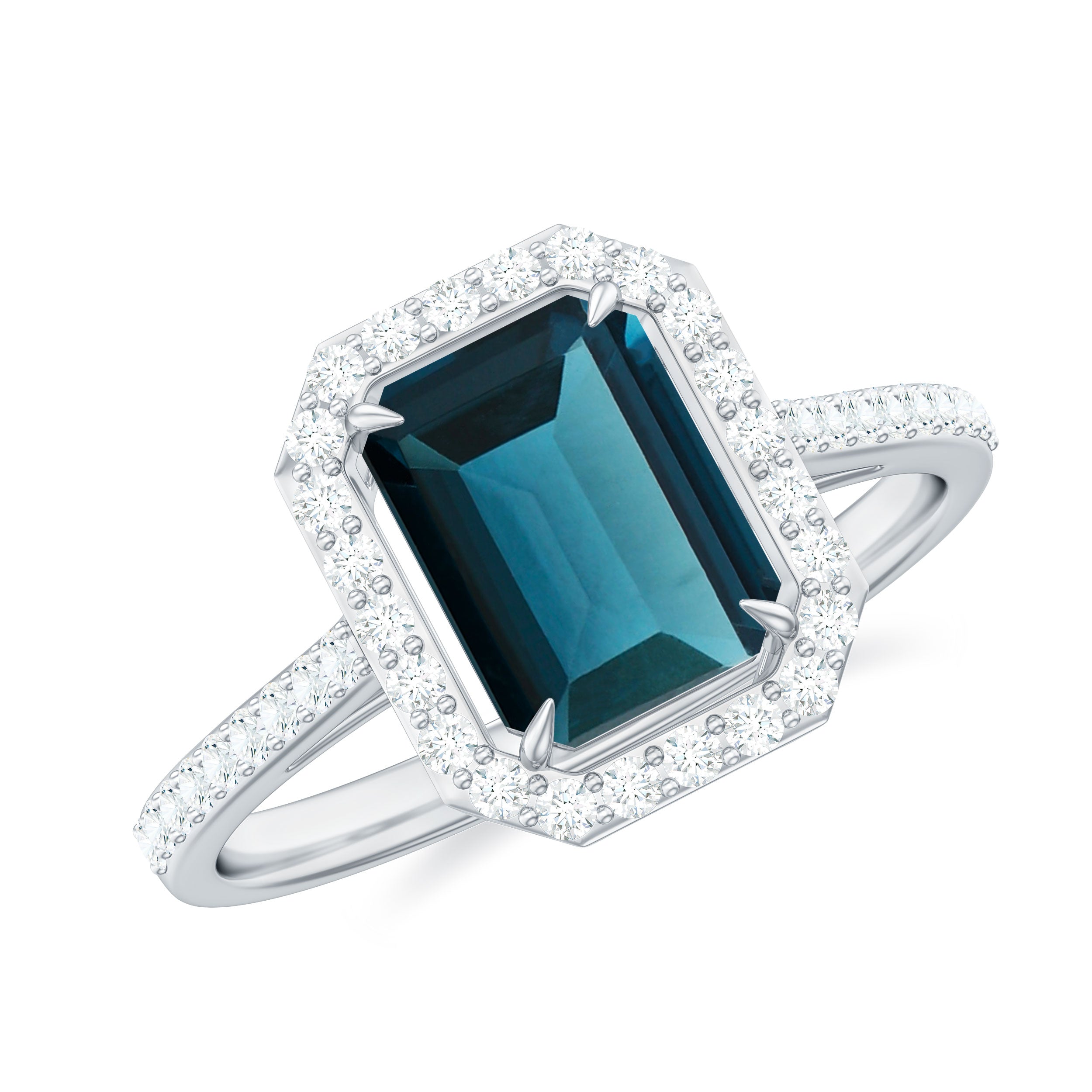 Emerald Cut London Blue Topaz Engagement Ring with Diamond Halo