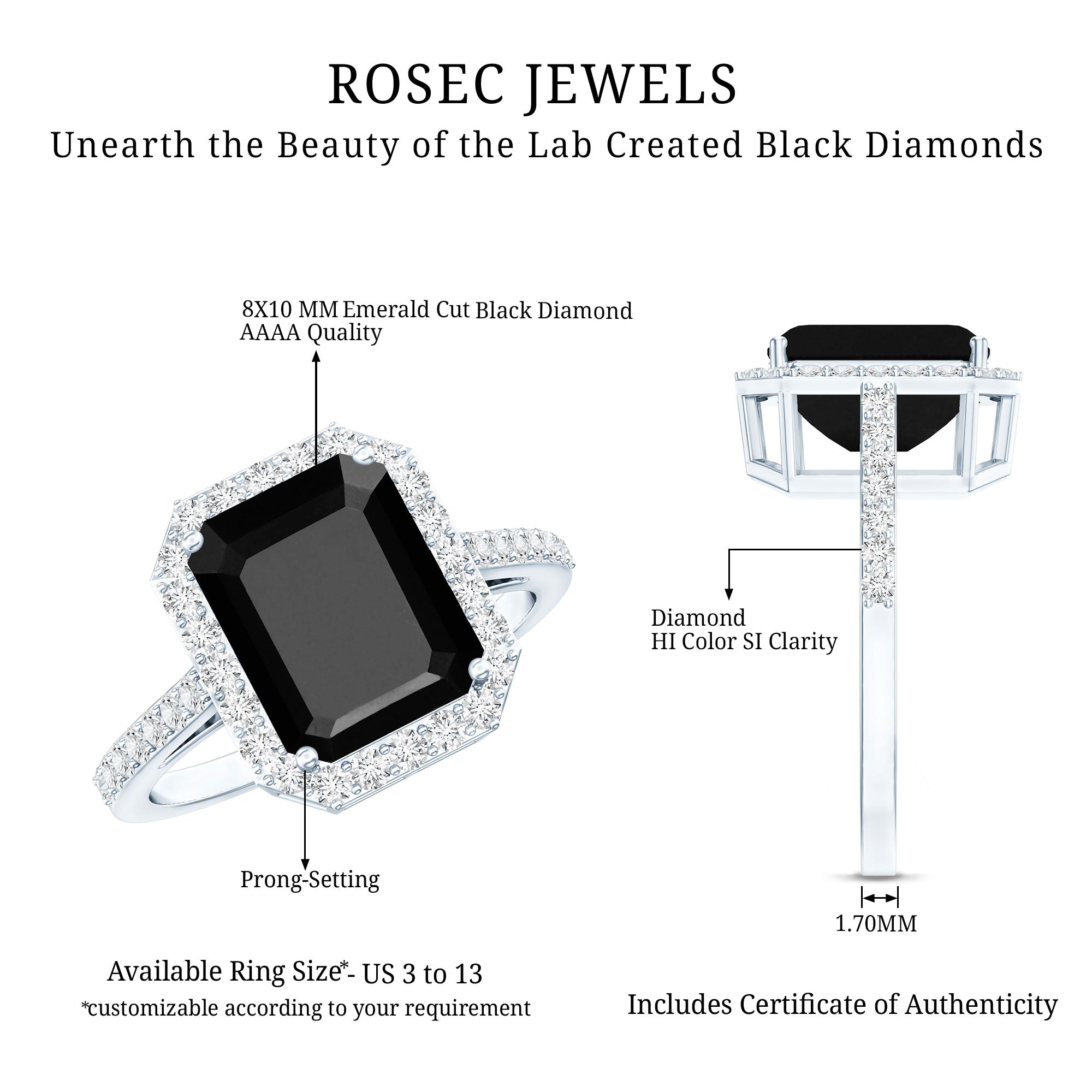 3.4 Carat Lab Grown Black Diamond Emerald Cut Engagement Ring with White Diamond Halo AAAA ( Synthetic ) - Rosec Jewels