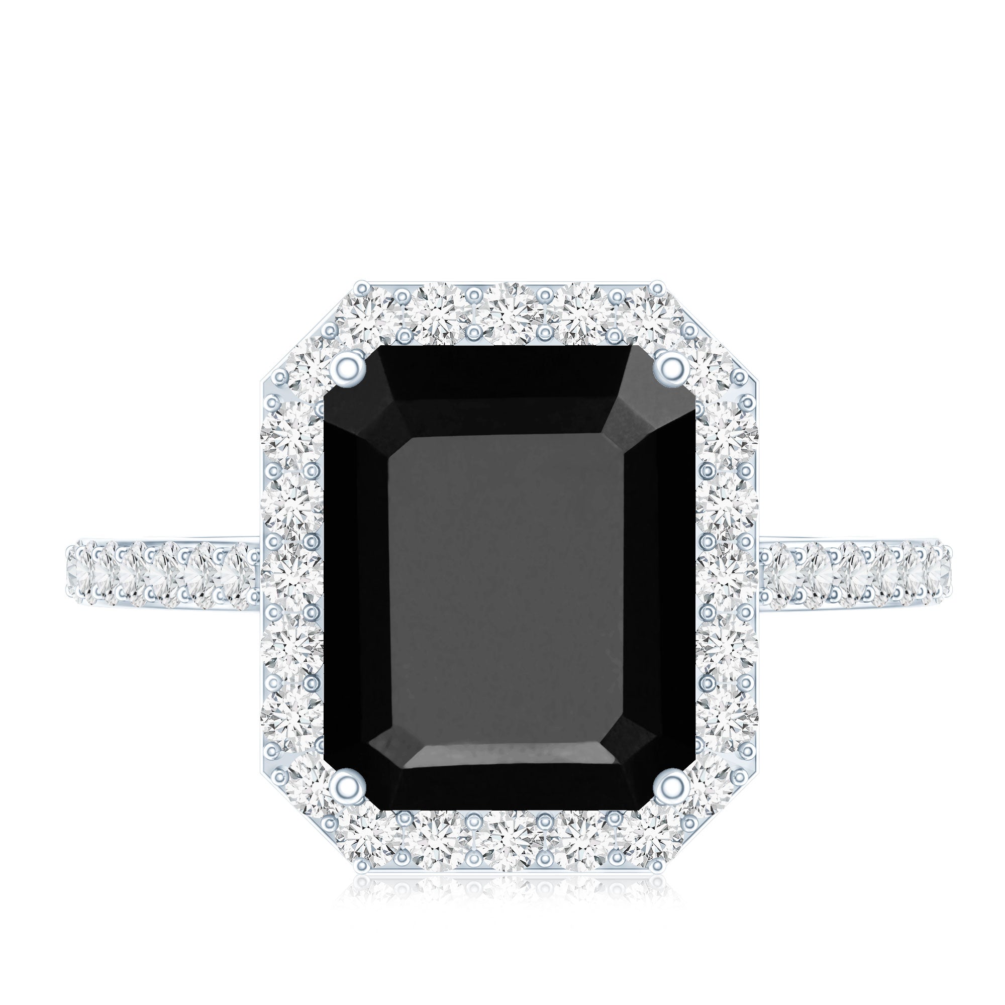 3.4 Carat Lab Grown Black Diamond Emerald Cut Engagement Ring with White Diamond Halo AAAA ( Synthetic ) - Rosec Jewels