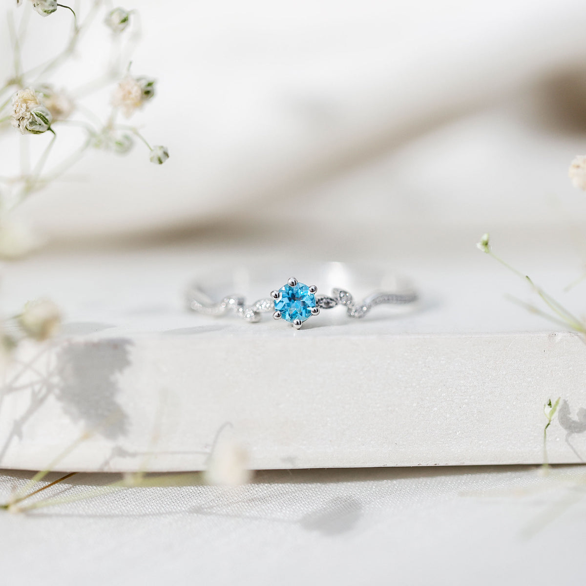 Round Aquamarine Diamond Nature Inspired Promise Ring AAA - Rosec Jewels