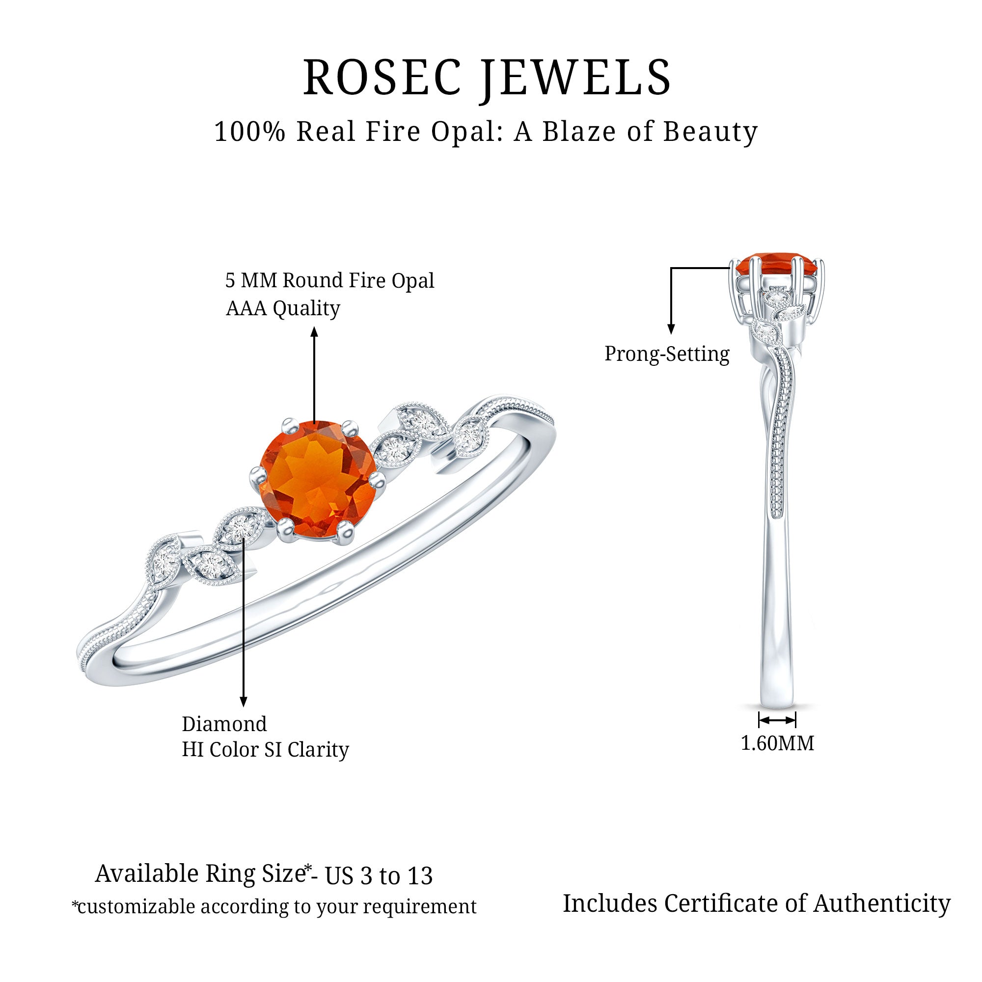 Round Fire Opal Leaf Promise Ring with Diamond AAA - Rosec Jewels