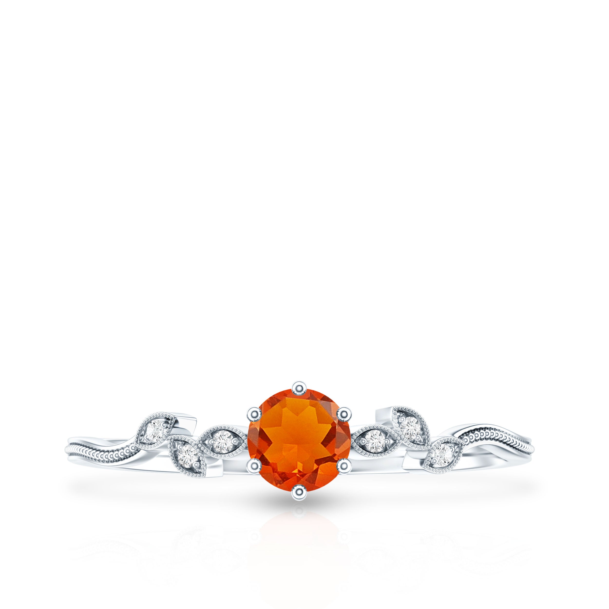 Round Fire Opal Leaf Promise Ring with Diamond AAA - Rosec Jewels