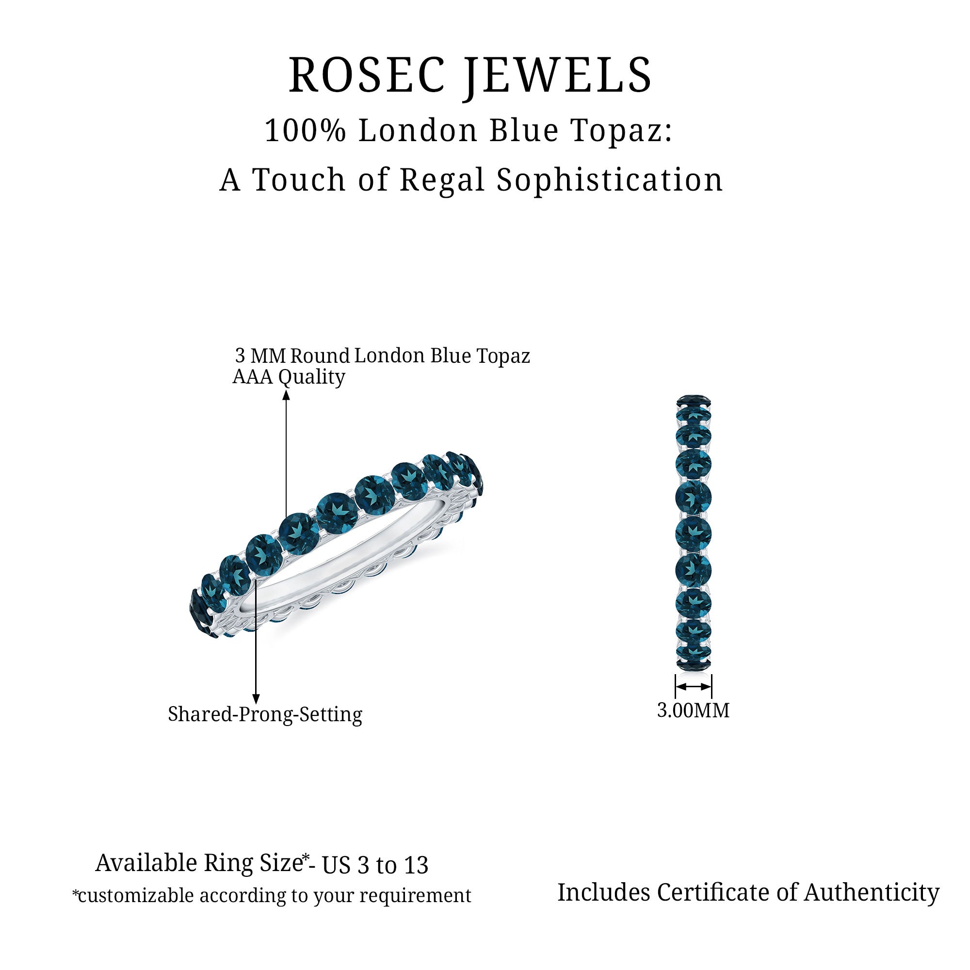Certified London Blue Topaz Full Eternity Band Ring AAA - Rosec Jewels