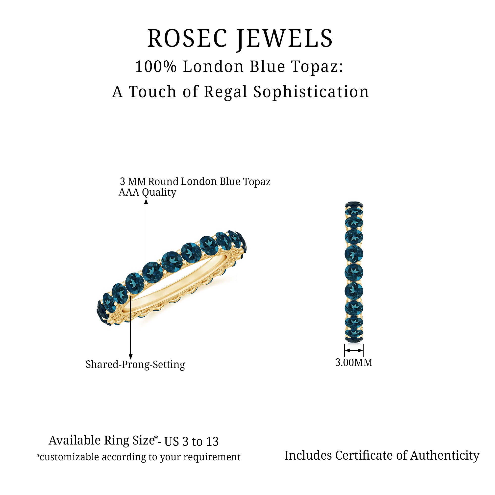 Certified London Blue Topaz Full Eternity Band Ring AAA - Rosec Jewels