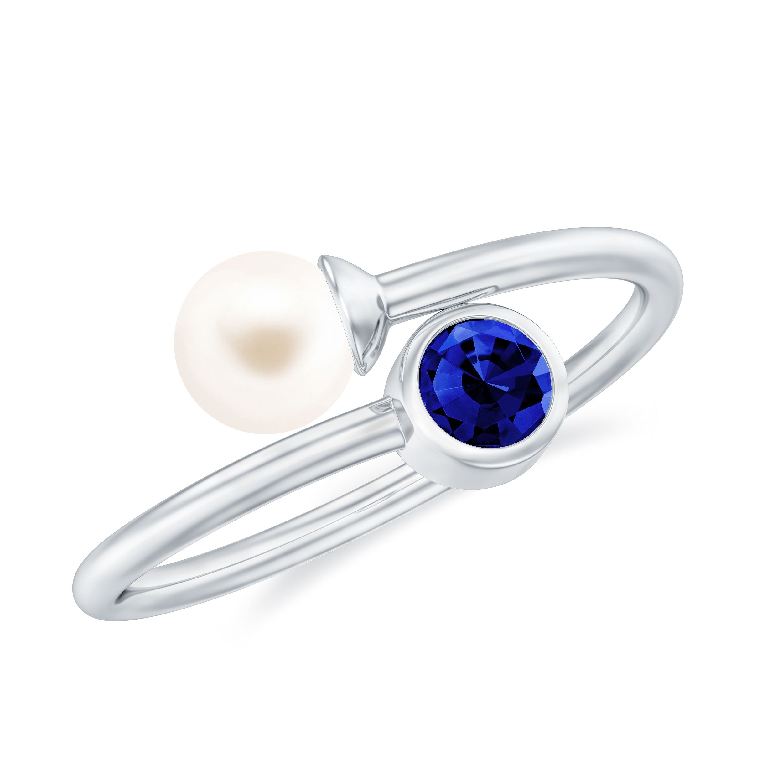 Lab Created Blue Sapphire and Pearl Toi Et Moi Ring AAA - Rosec Jewels