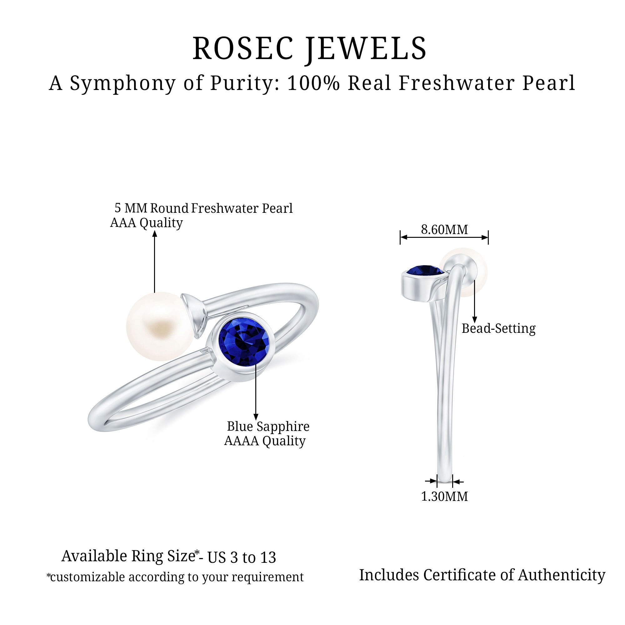 Lab Created Blue Sapphire and Pearl Toi Et Moi Ring AAA - Rosec Jewels