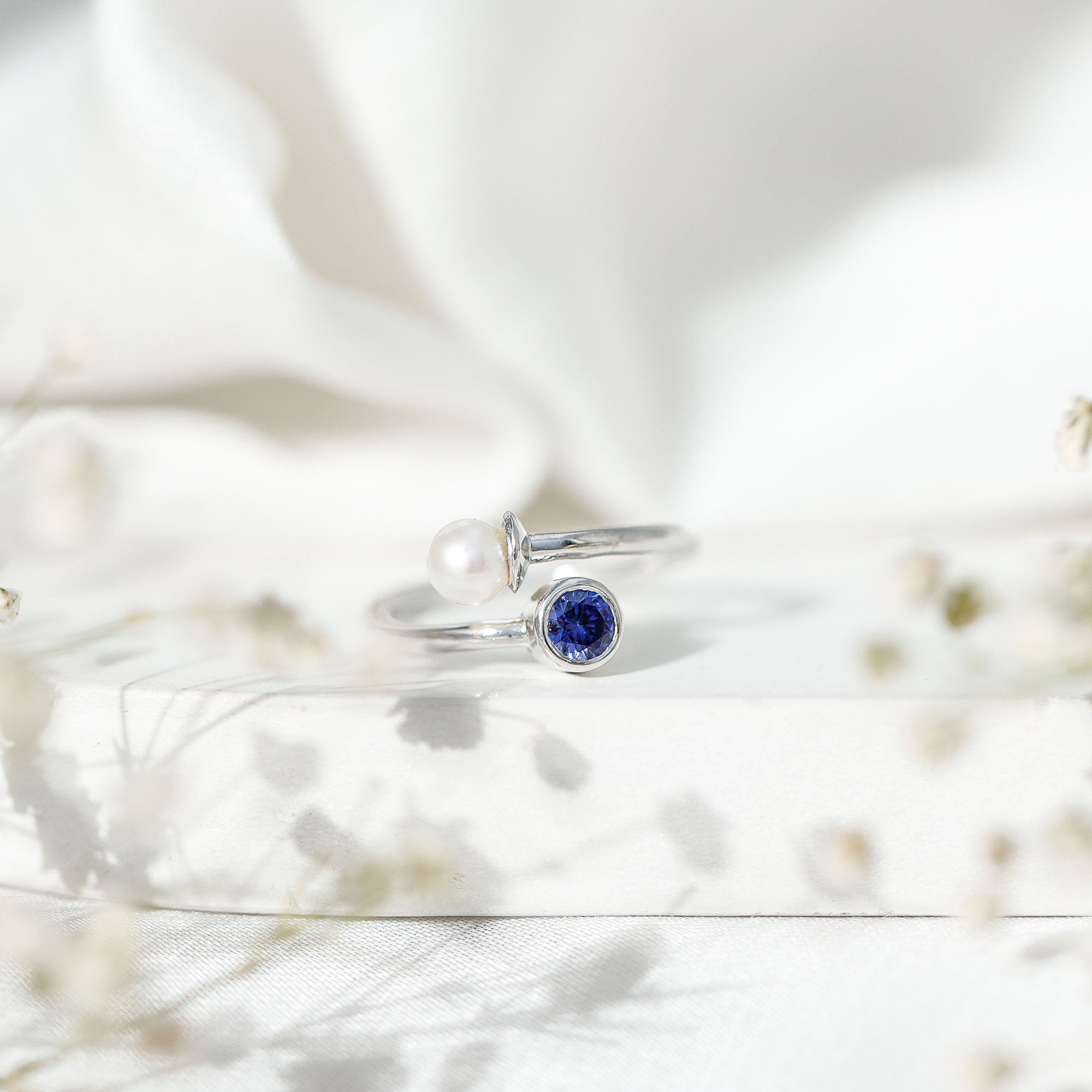 Lab Created Blue Sapphire and Pearl Toi Et Moi Ring AAA - Rosec Jewels