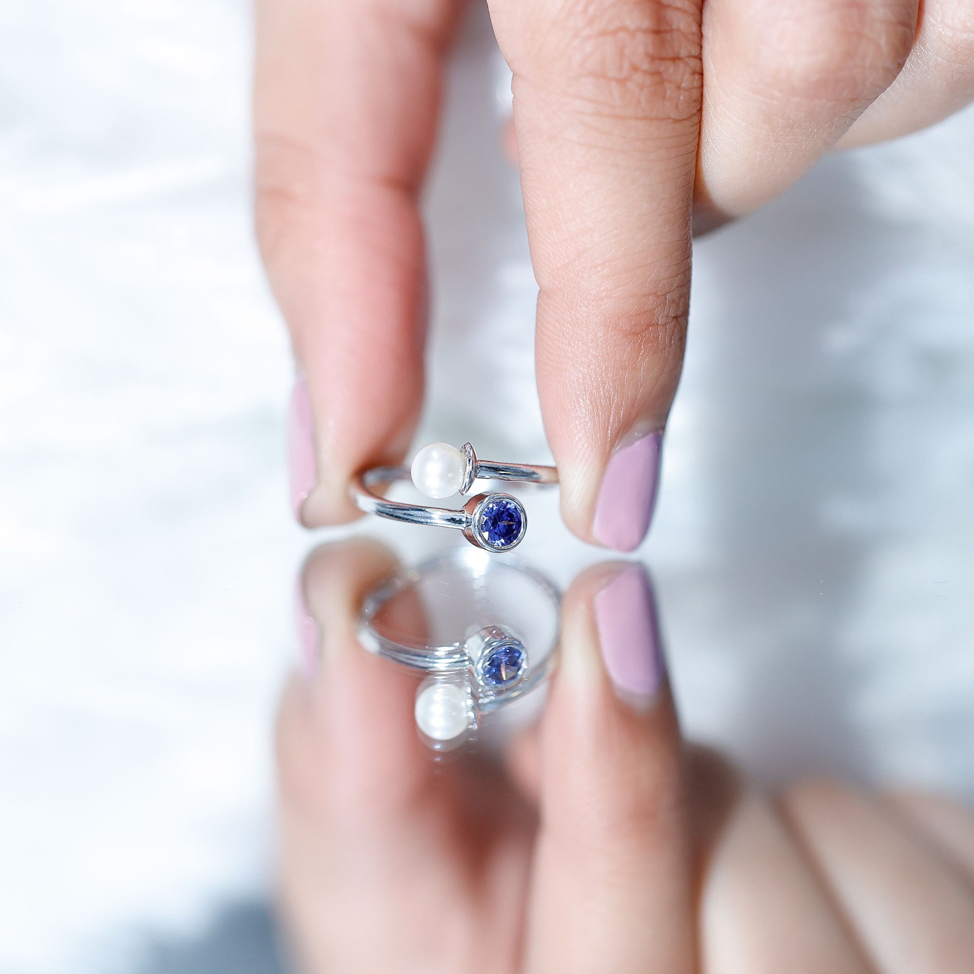 Lab Created Blue Sapphire and Pearl Toi Et Moi Ring AAA - Rosec Jewels