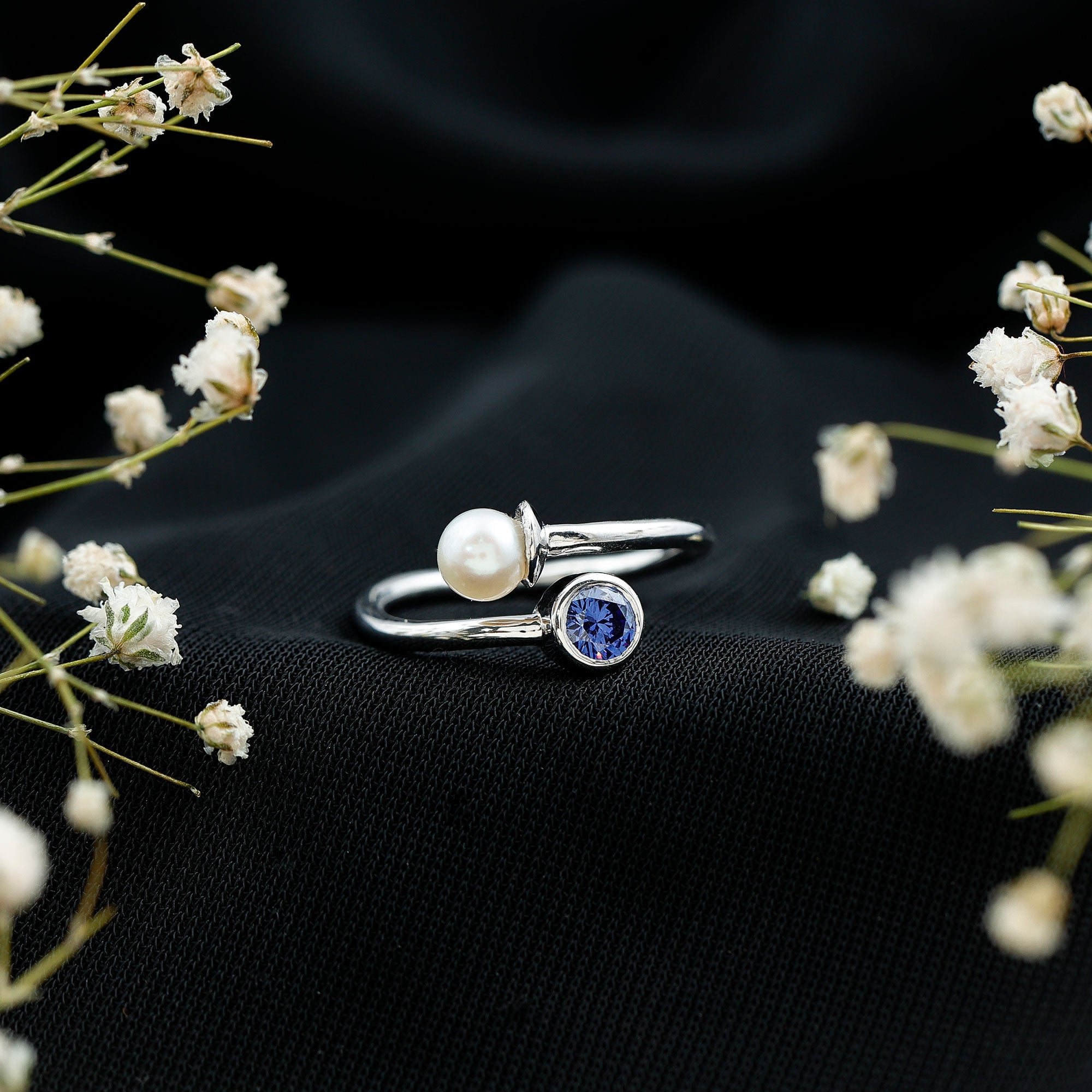 Lab Created Blue Sapphire and Pearl Toi Et Moi Ring AAA - Rosec Jewels