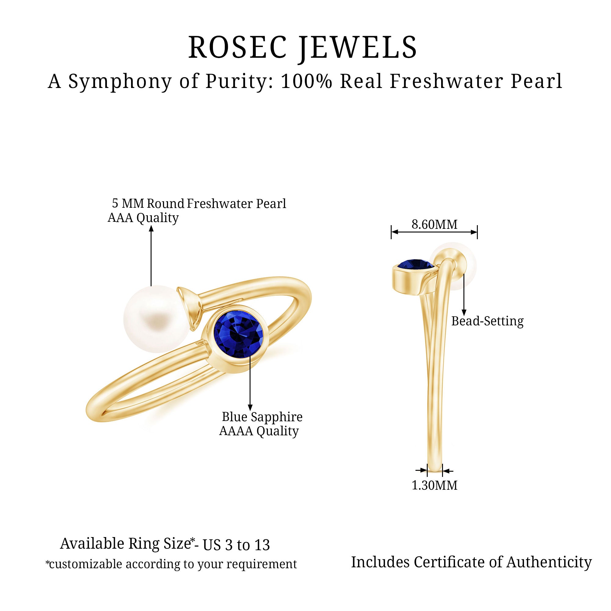Lab Created Blue Sapphire and Pearl Toi Et Moi Ring AAA - Rosec Jewels