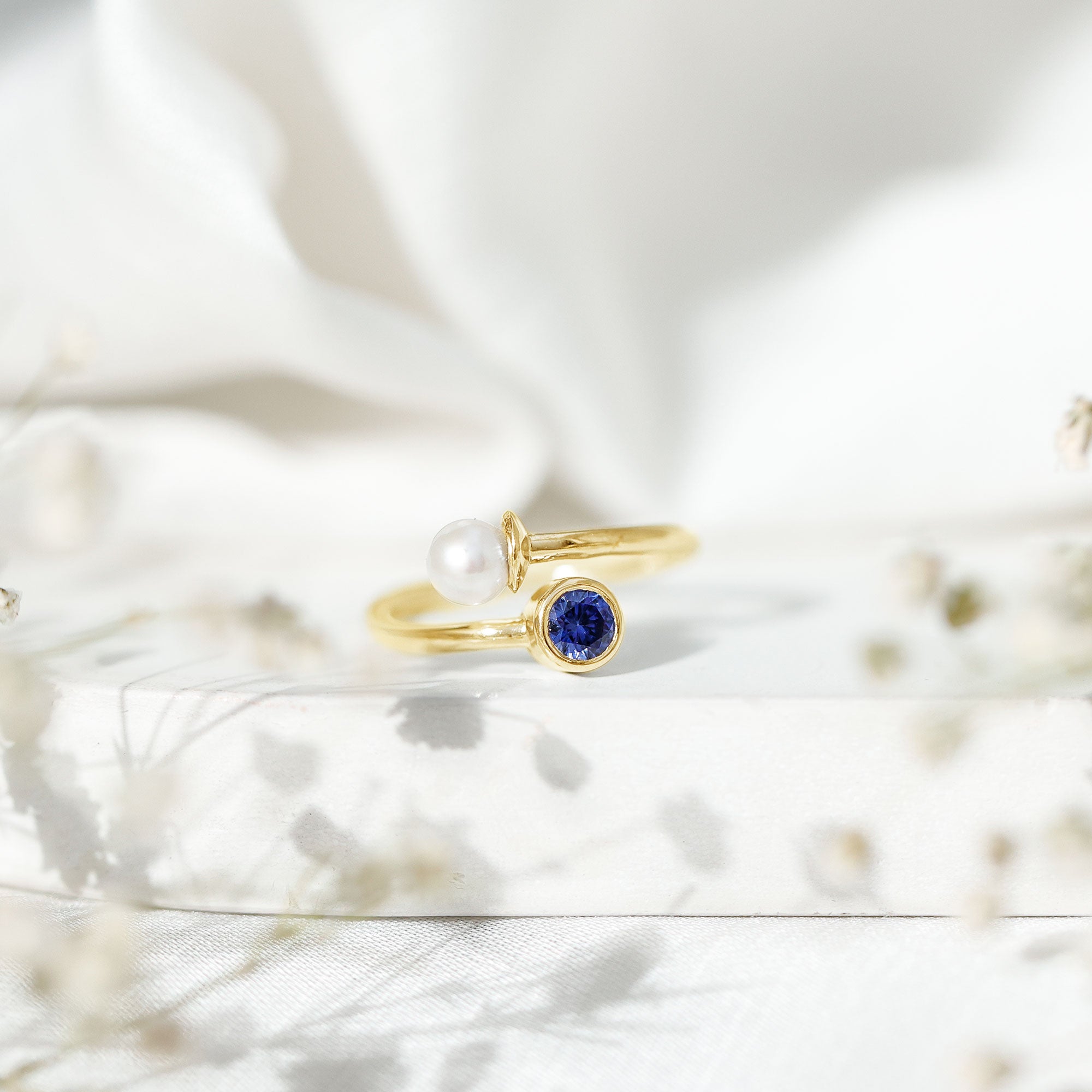 Lab Created Blue Sapphire and Pearl Toi Et Moi Ring AAA - Rosec Jewels