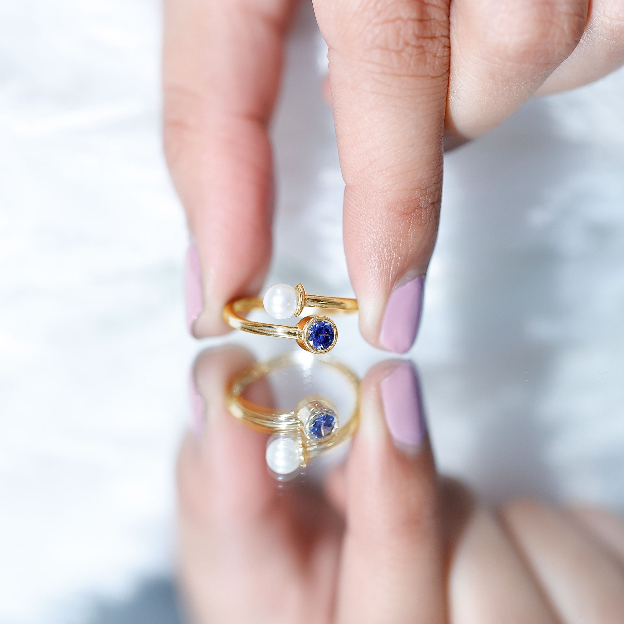 Lab Created Blue Sapphire and Pearl Toi Et Moi Ring AAA - Rosec Jewels
