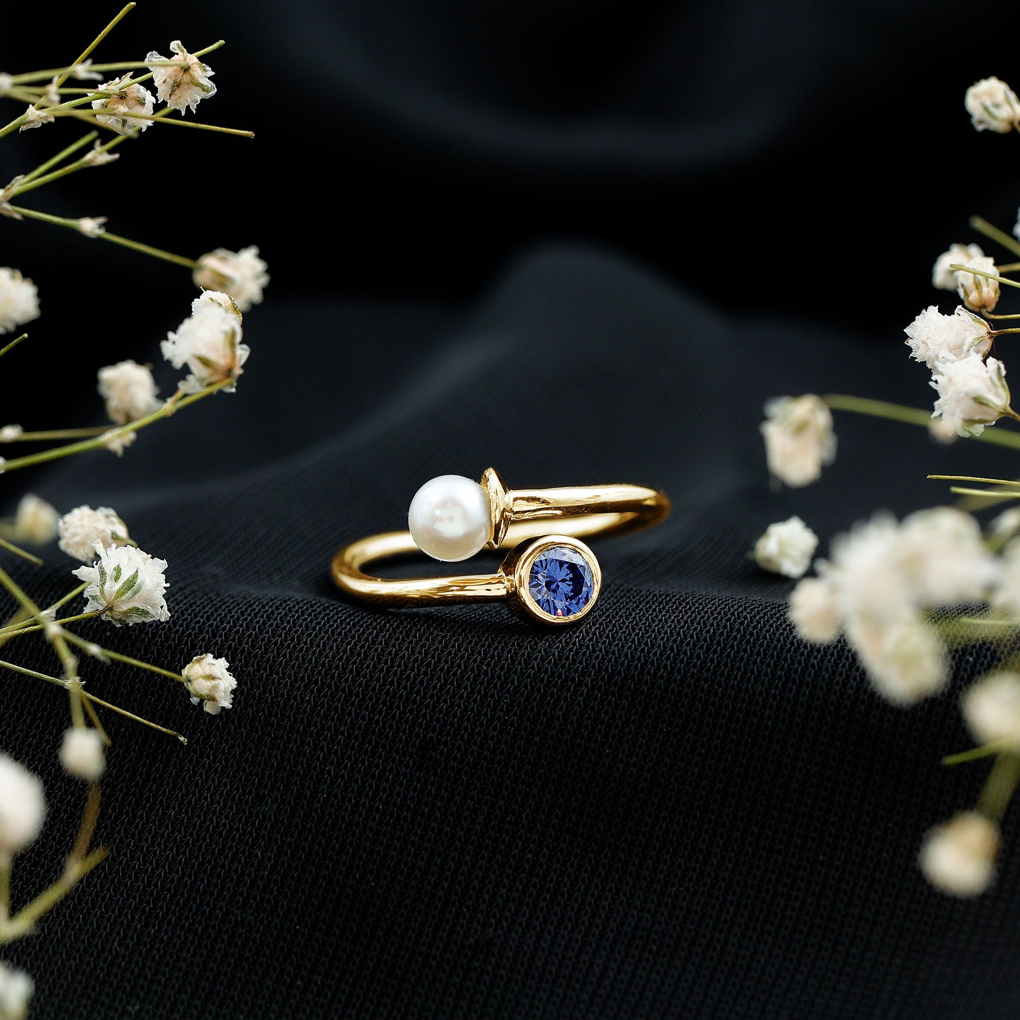 Lab Created Blue Sapphire and Pearl Toi Et Moi Ring AAA - Rosec Jewels