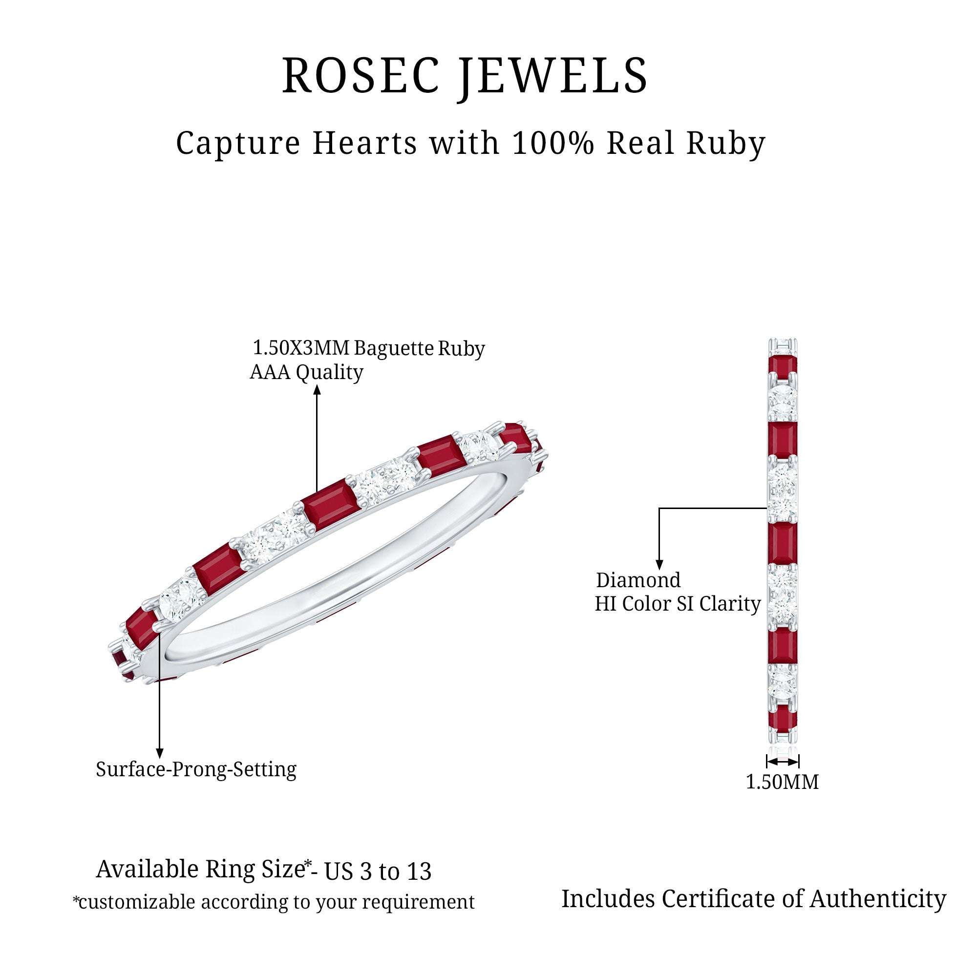 Genuine Baguette Ruby Diamond Eternity Ring for Women AAA - Rosec Jewels