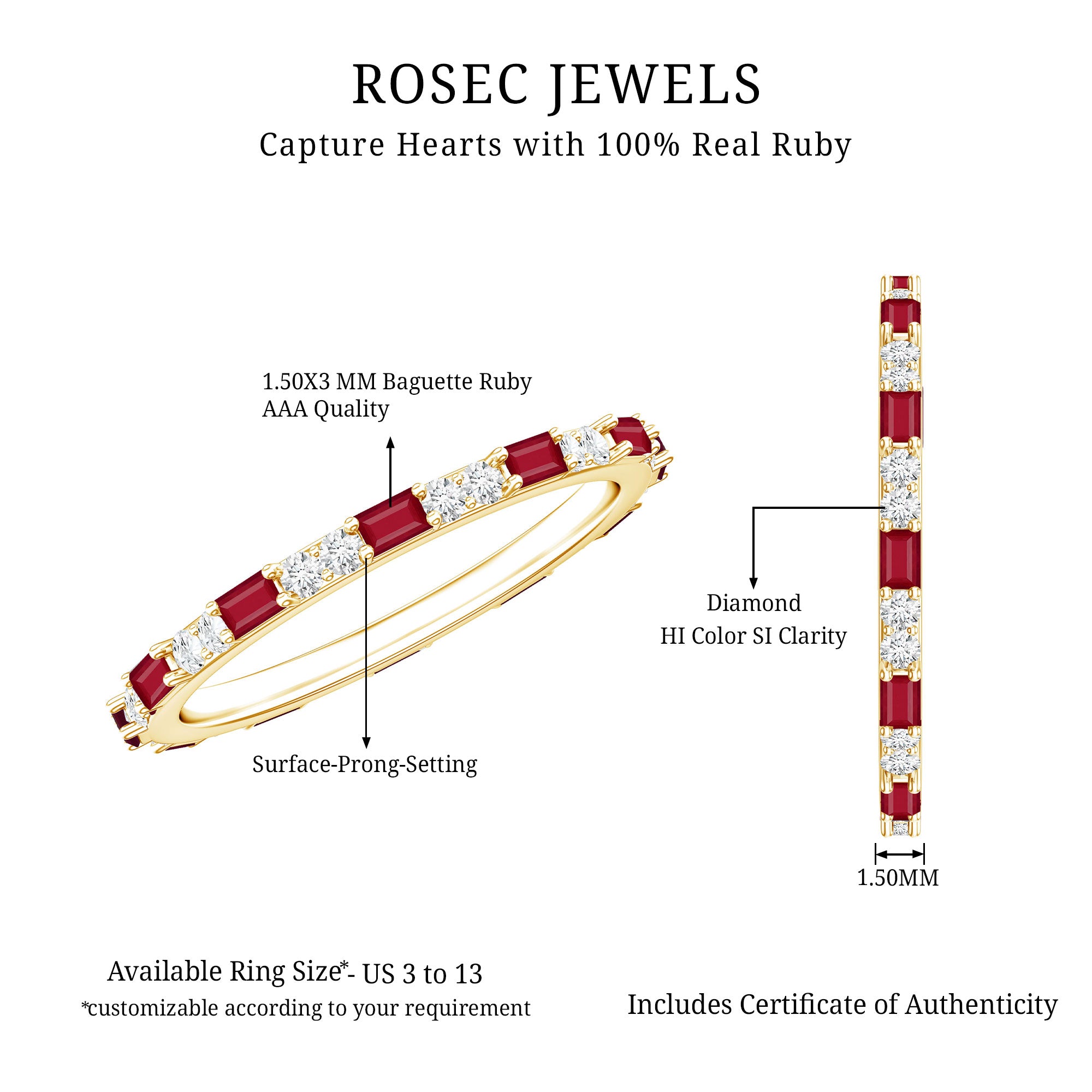 Genuine Baguette Ruby Diamond Eternity Ring for Women AAA - Rosec Jewels