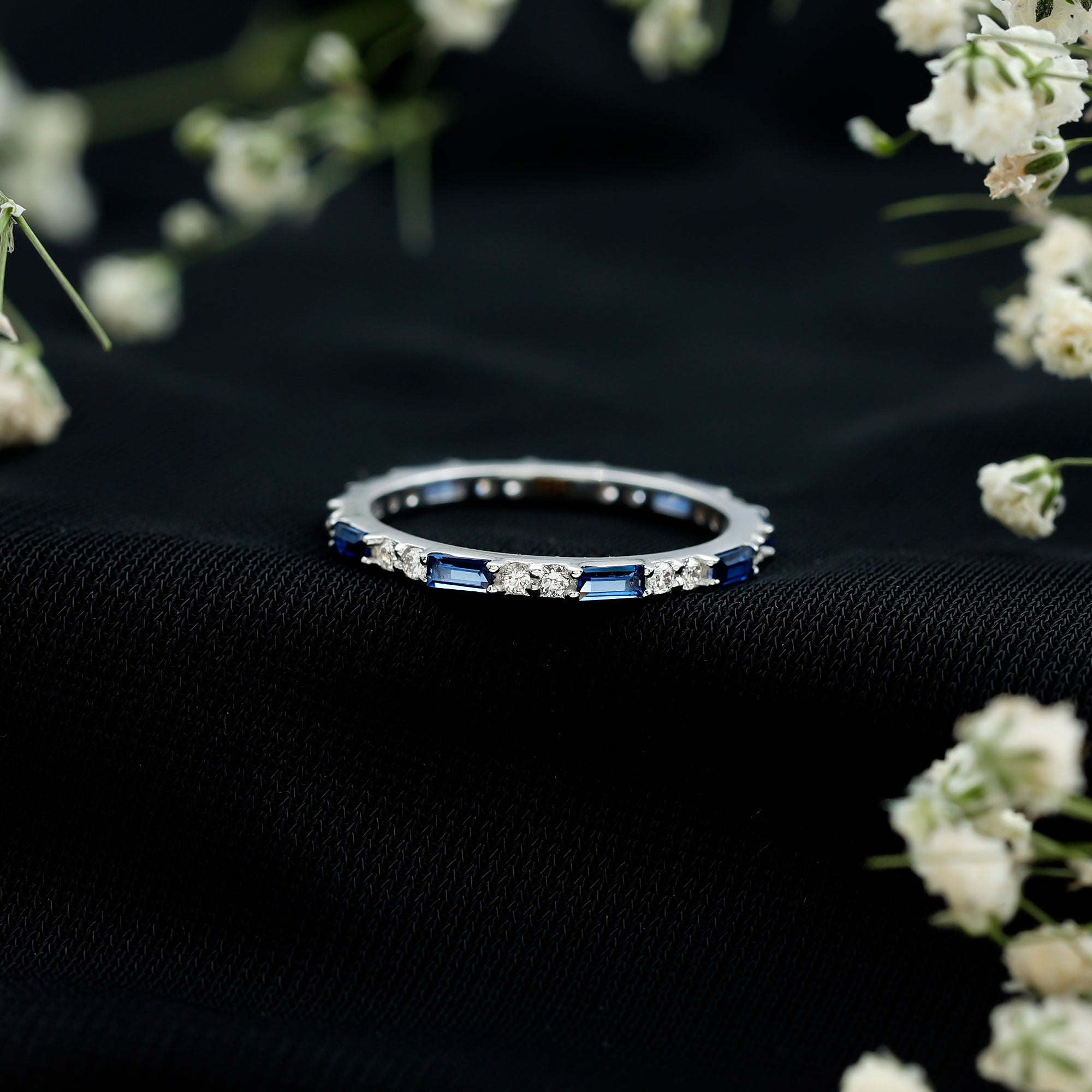 Certified Baguette Lab Blue Sapphire Eternity Ring with Diamond AAAA - Rosec Jewels
