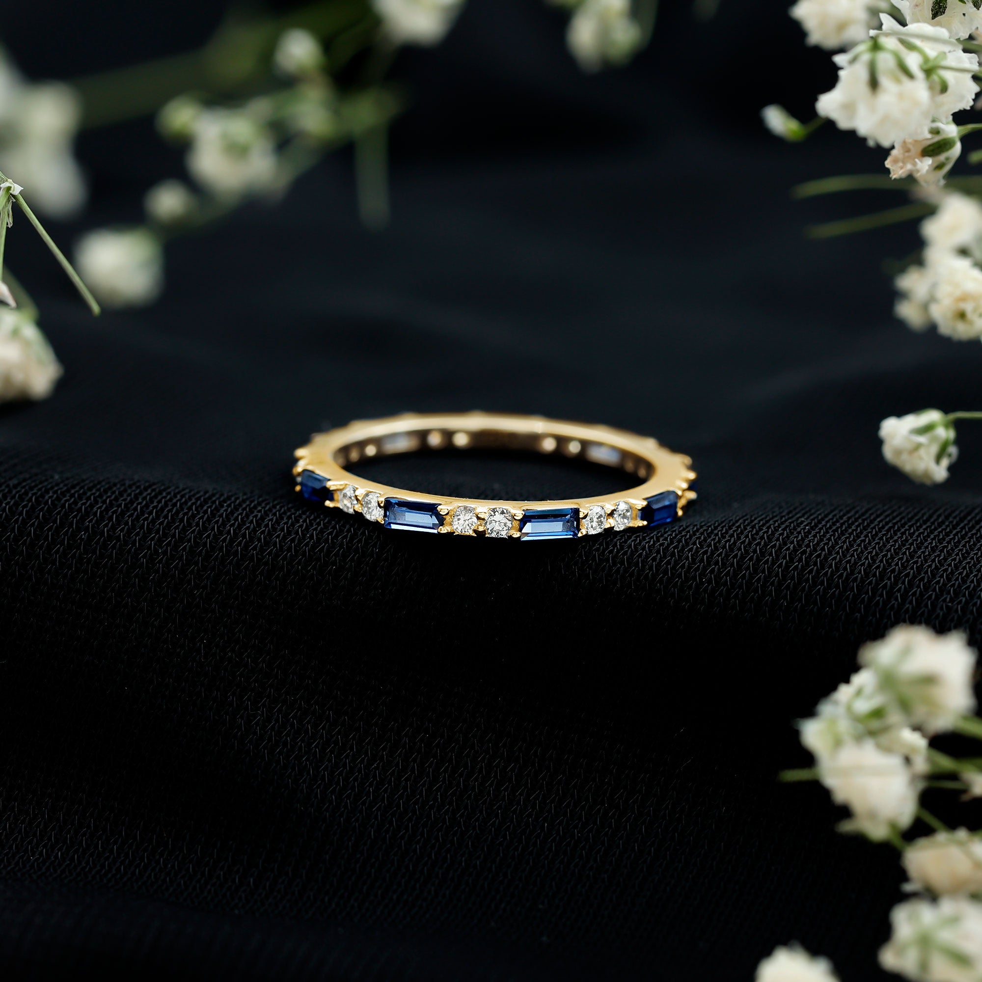 Certified Baguette Lab Blue Sapphire Eternity Ring with Diamond AAAA - Rosec Jewels