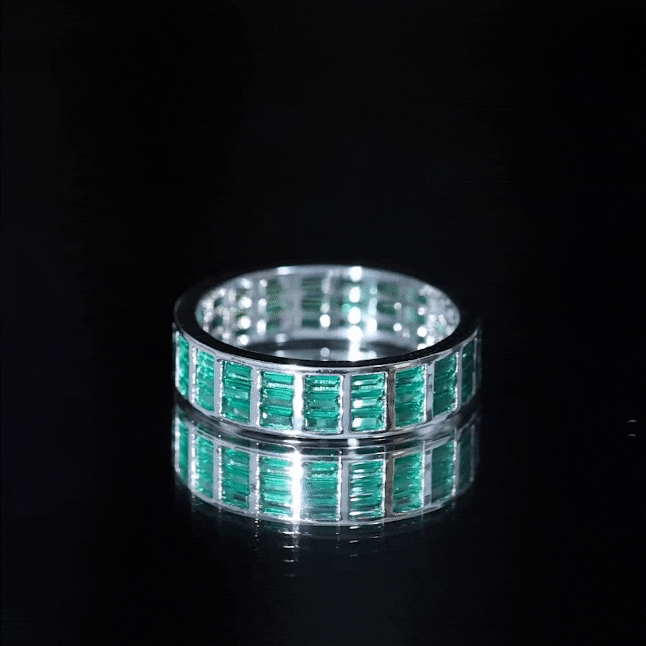 Baguette Cut Lab Grown Emerald 3 Row Eternity Band AAAA - Rosec Jewels