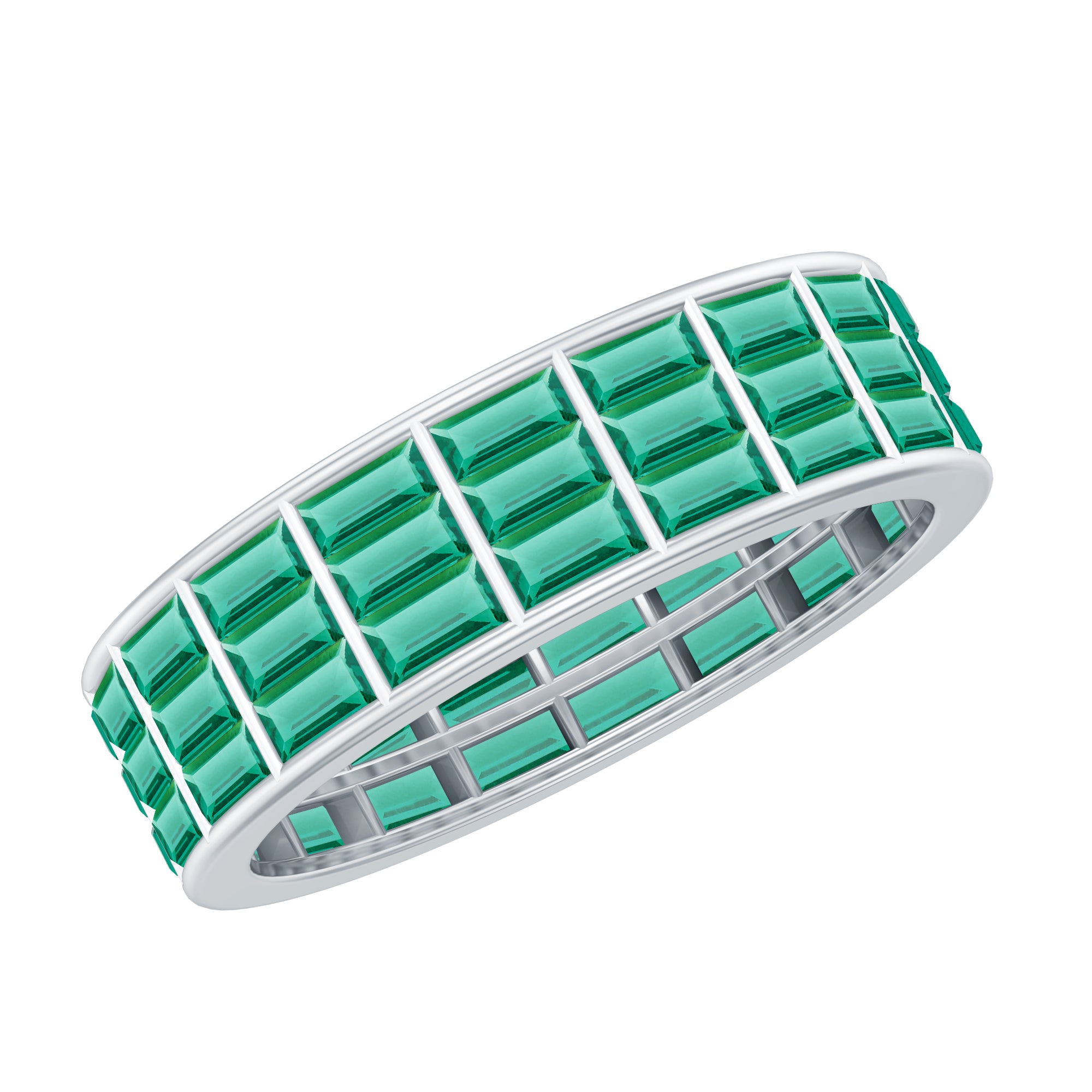 Baguette Cut Lab Grown Emerald 3 Row Eternity Band
