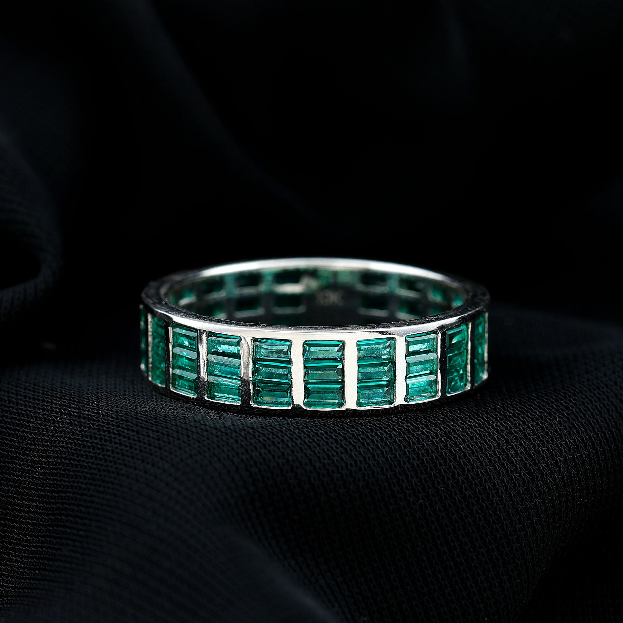 Baguette Cut Lab Grown Emerald 3 Row Eternity Band AAAA - Rosec Jewels
