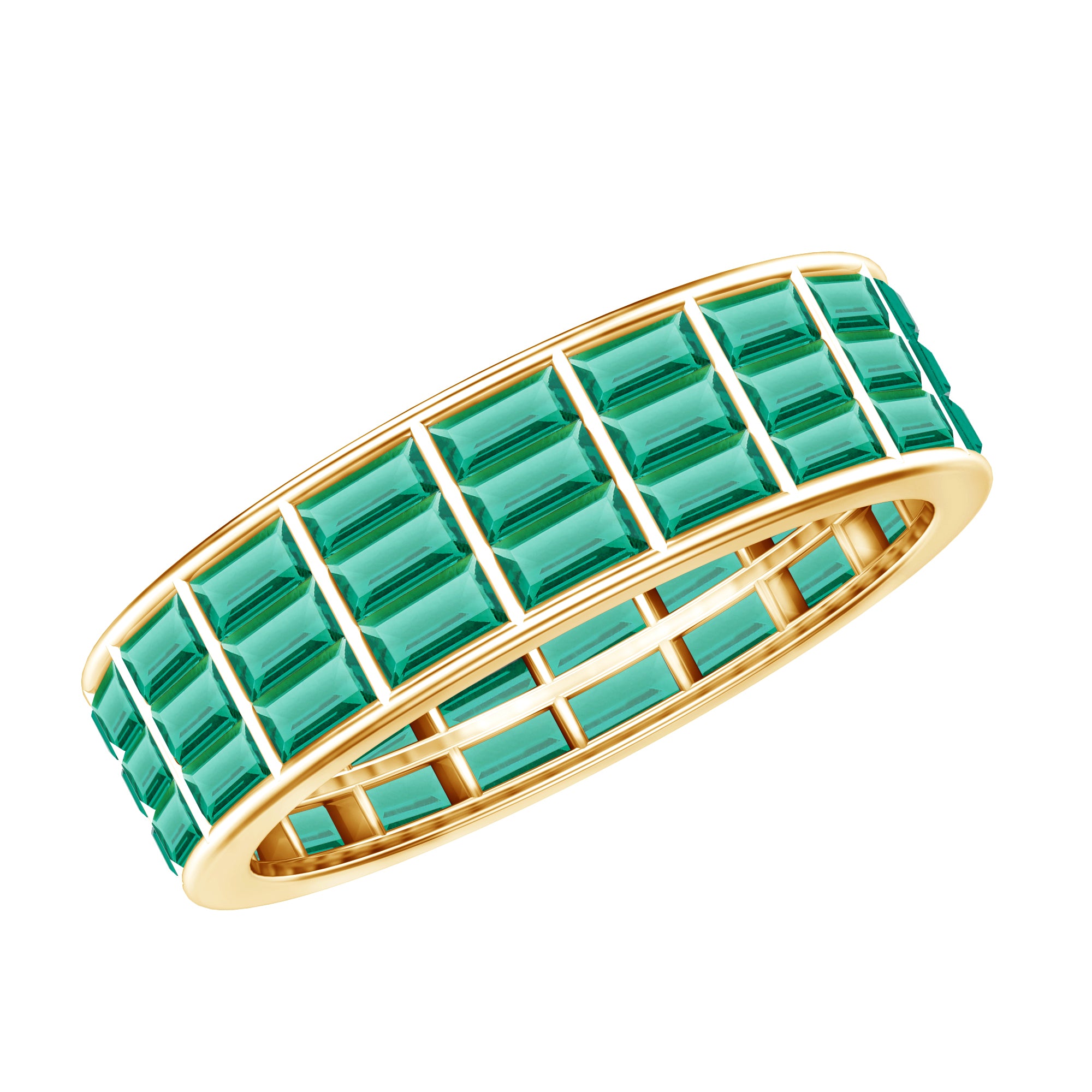 Baguette Cut Lab Grown Emerald 3 Row Eternity Band AAAA - Rosec Jewels