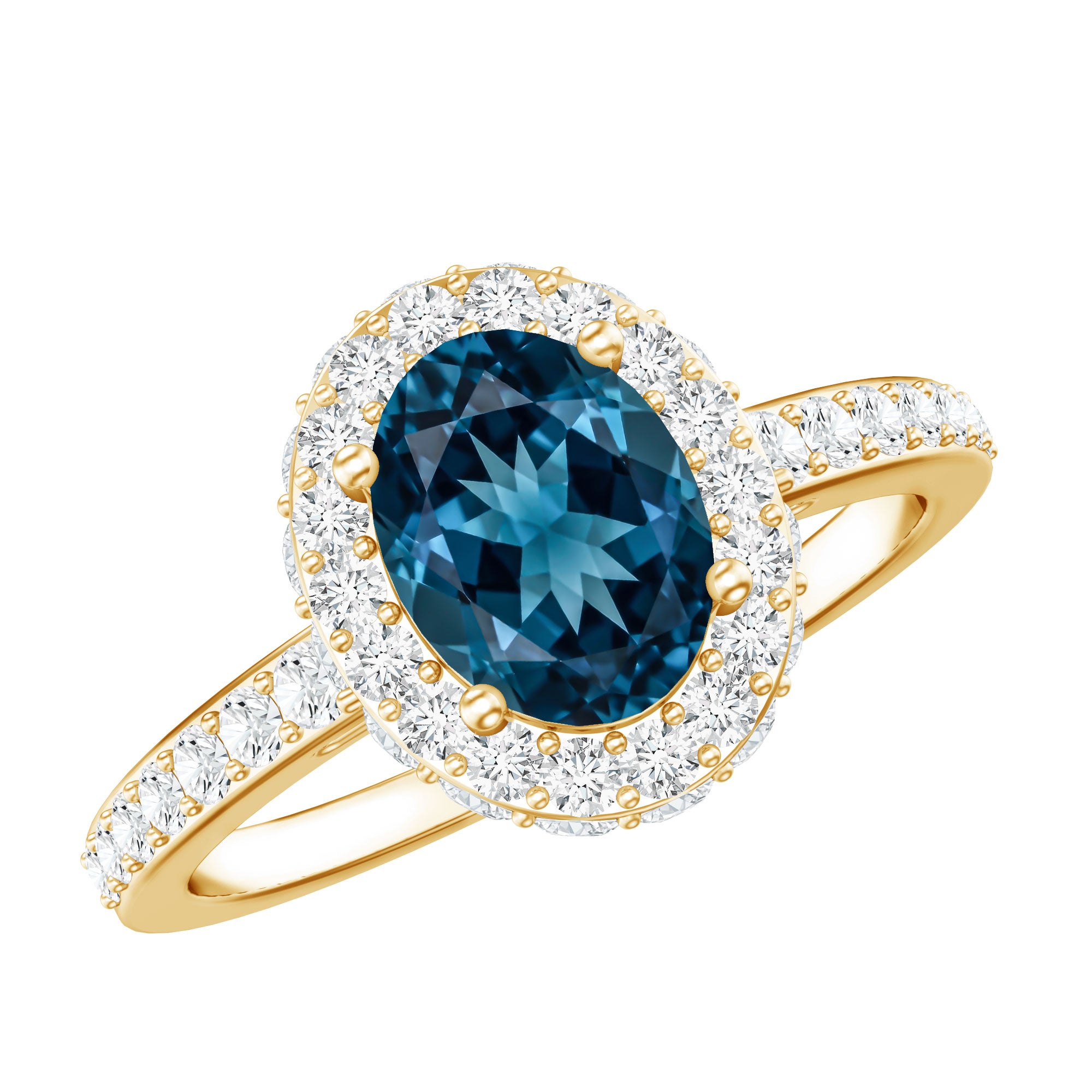 Genuine London Blue Topaz Classic Engagement Ring with Moissanite Halo AAA - Rosec Jewels