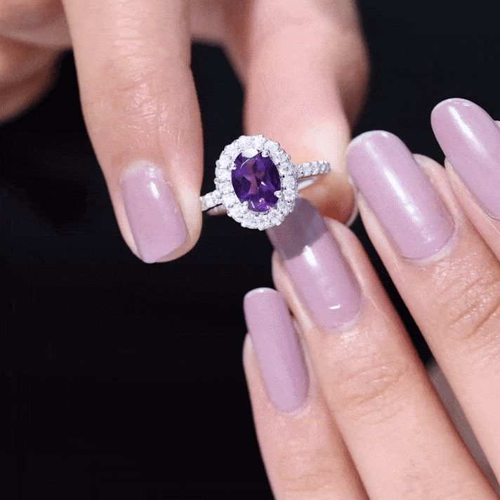 Natural 1 Carat Amethyst Oval Engagement Ring with Moissanite Halo AAA - Rosec Jewels