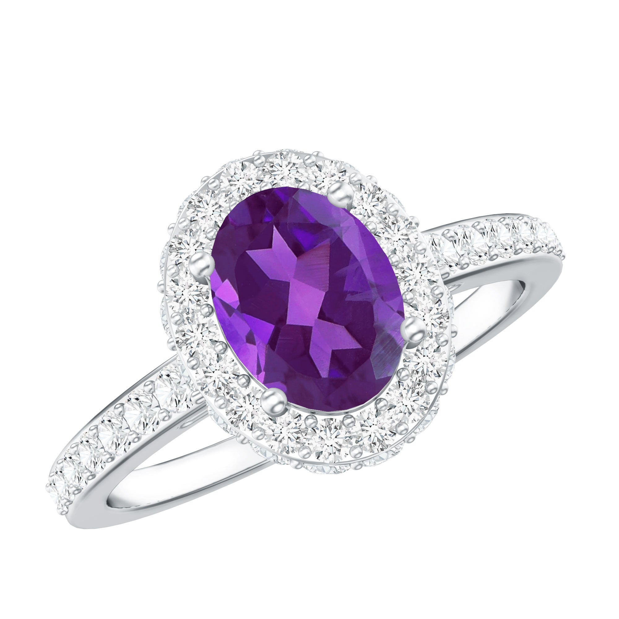 Natural 1 Carat Amethyst Oval Engagement Ring with Moissanite Halo AAA - Rosec Jewels