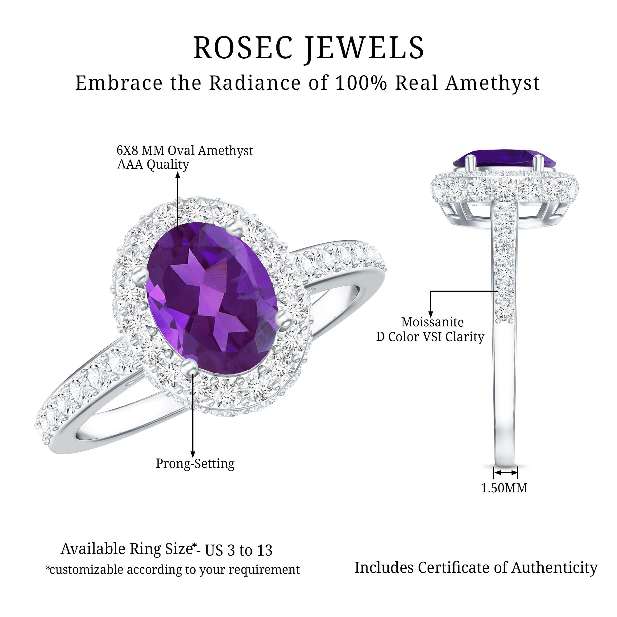 Natural 1 Carat Amethyst Oval Engagement Ring with Moissanite Halo AAA - Rosec Jewels