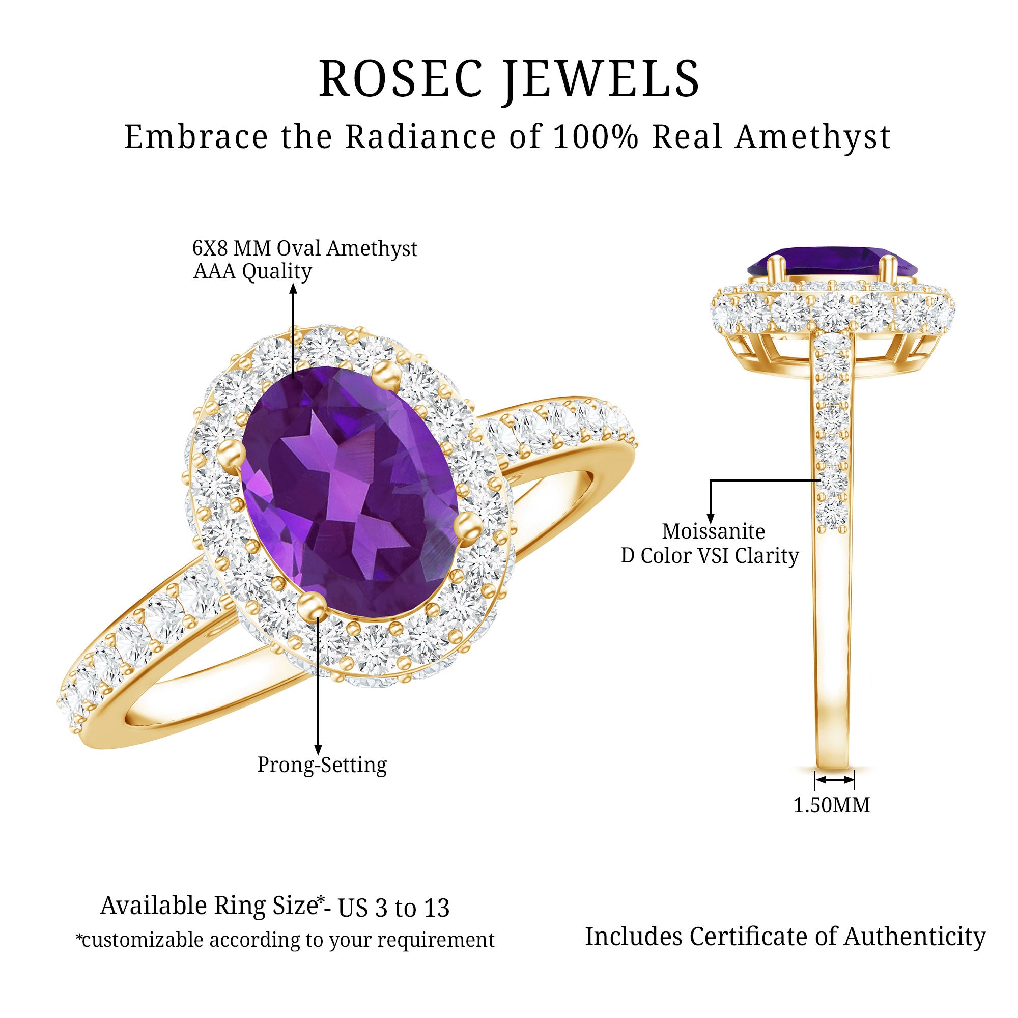 Natural 1 Carat Amethyst Oval Engagement Ring with Moissanite Halo AAA - Rosec Jewels