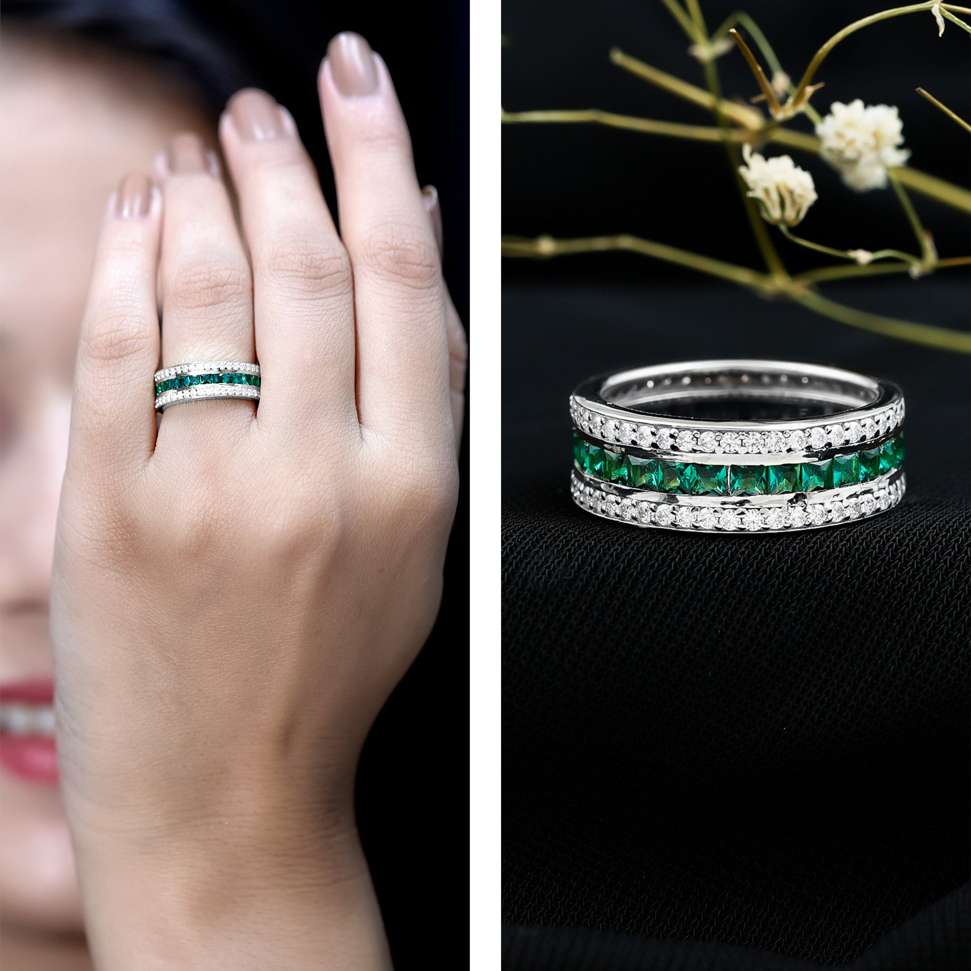 Certified Lab Grown Emerald 3 Row Eternity Wedding Band AAAA - Rosec Jewels