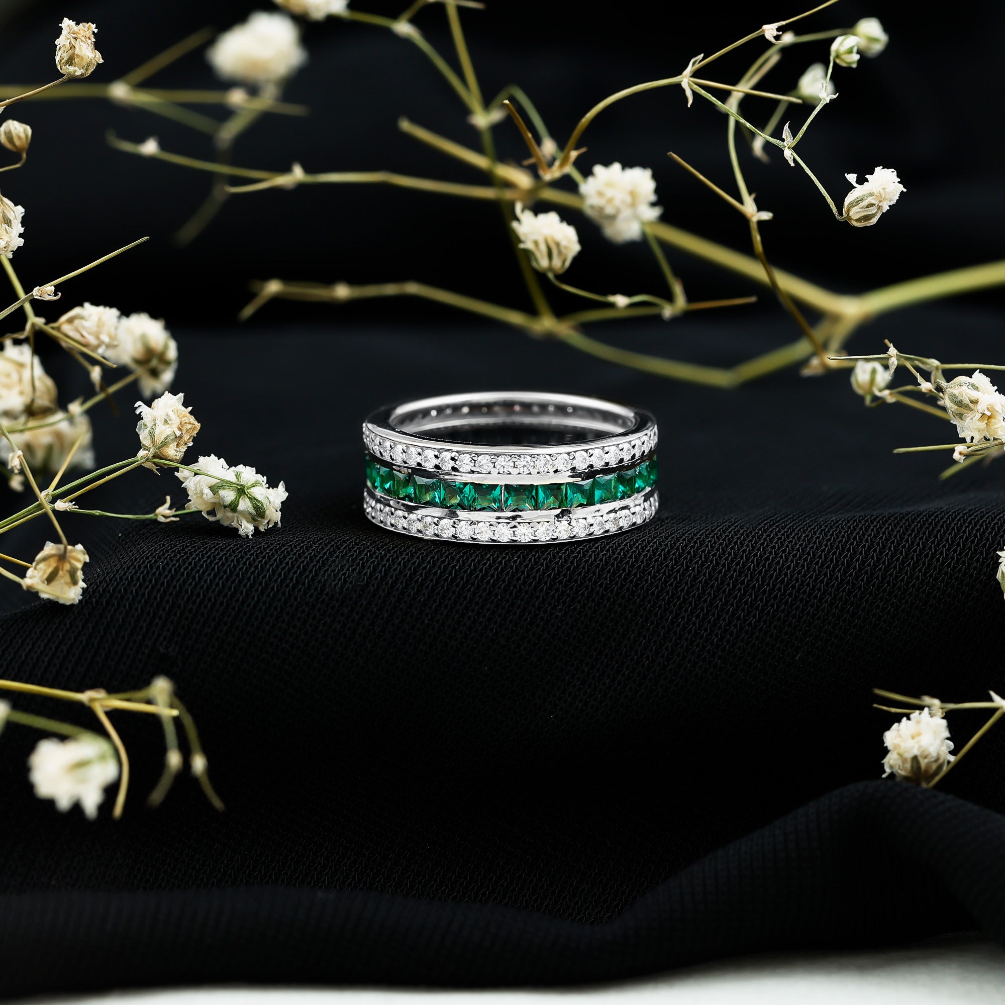 Certified Lab Grown Emerald 3 Row Eternity Wedding Band AAAA - Rosec Jewels