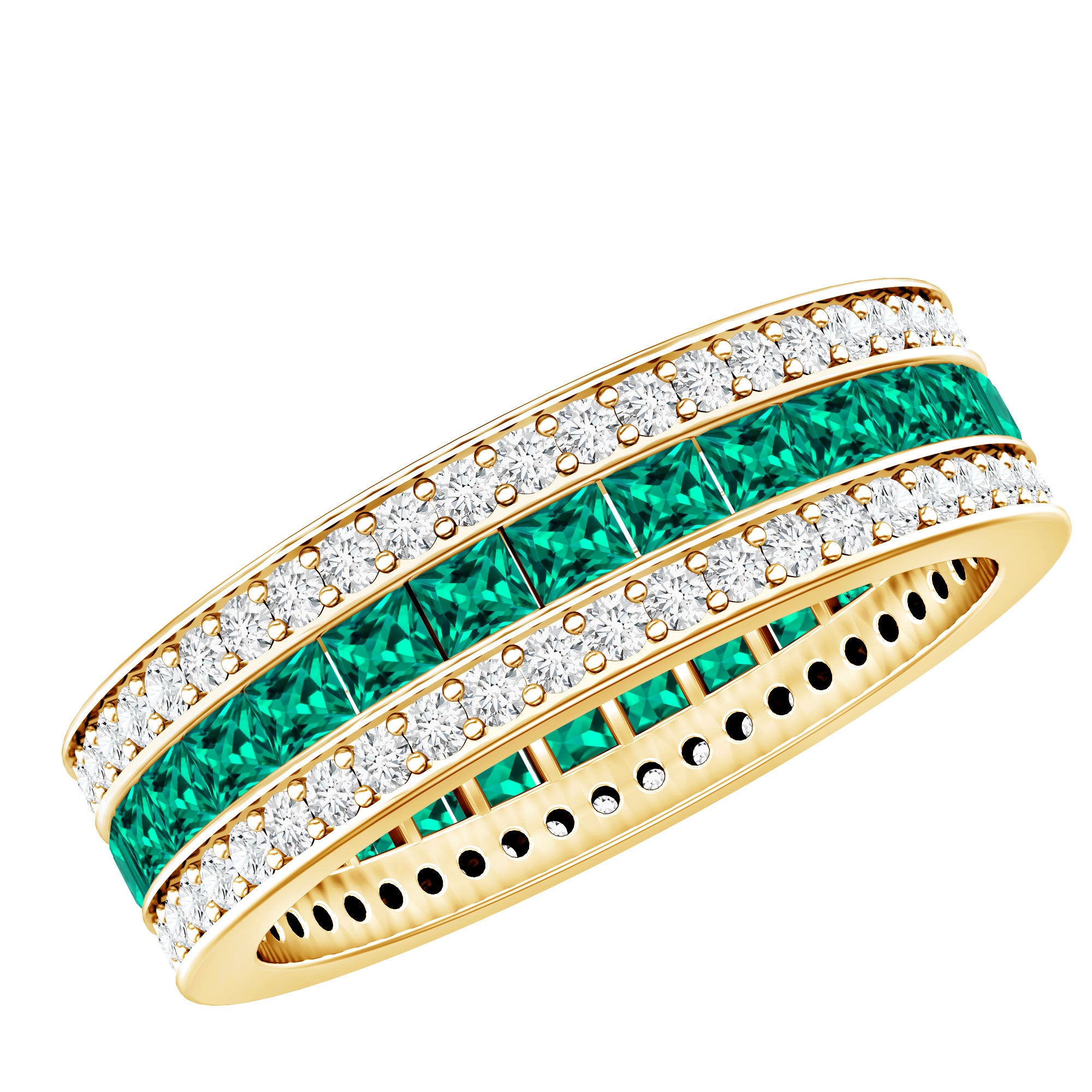 Certified Lab Grown Emerald 3 Row Eternity Wedding Band AAAA - Rosec Jewels