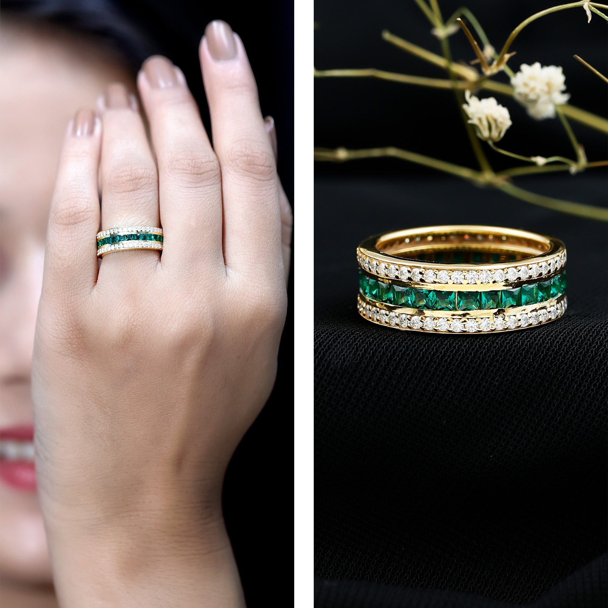 Certified Lab Grown Emerald 3 Row Eternity Wedding Band AAAA - Rosec Jewels