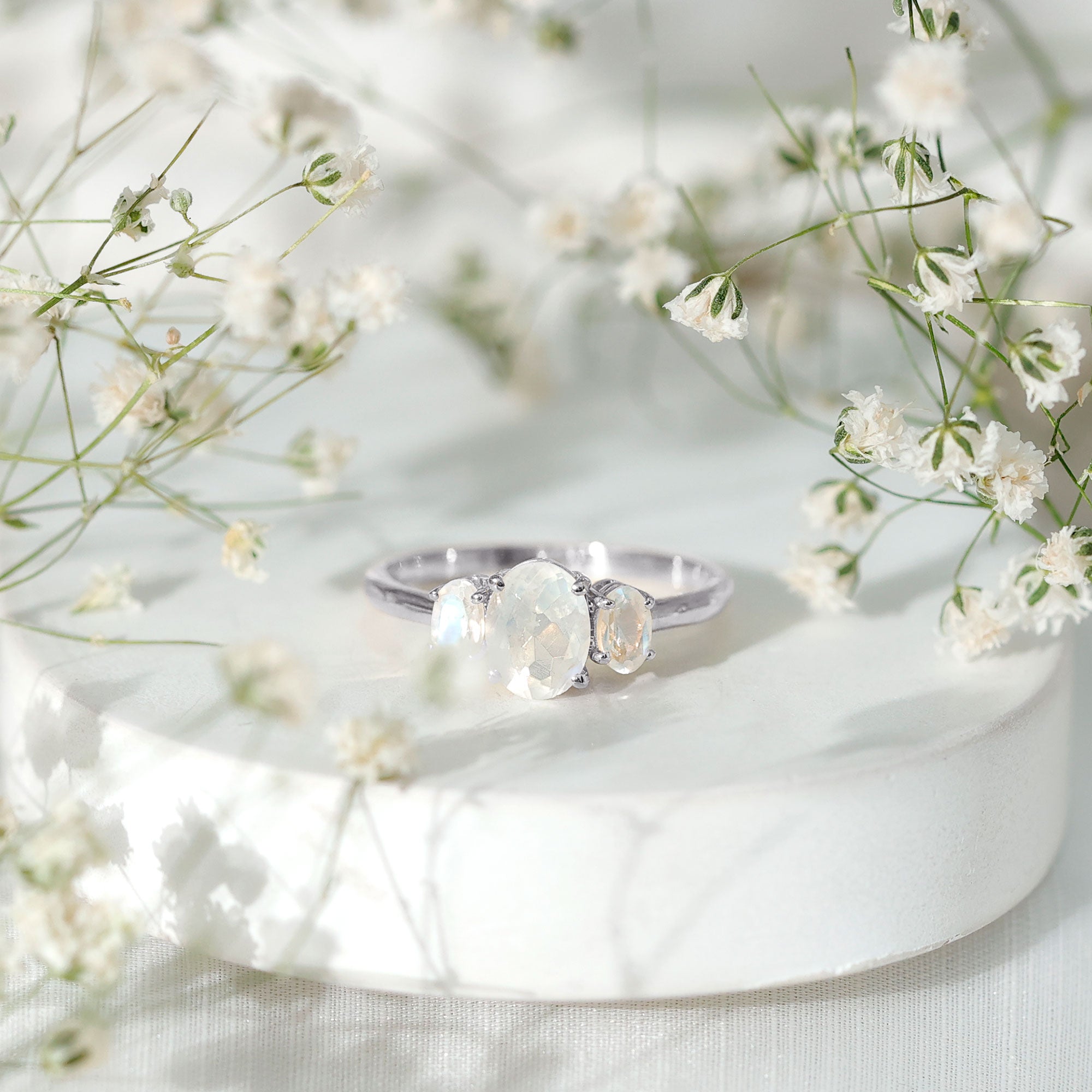 Natural Moonstone Three Stone Oval Engagement Ring AAA - Rosec Jewels