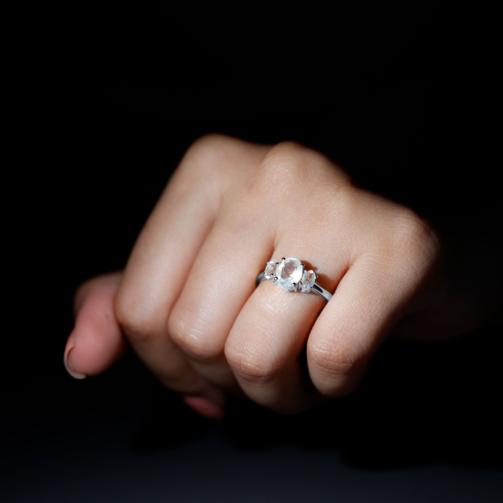 Natural Moonstone Three Stone Oval Engagement Ring AAA - Rosec Jewels