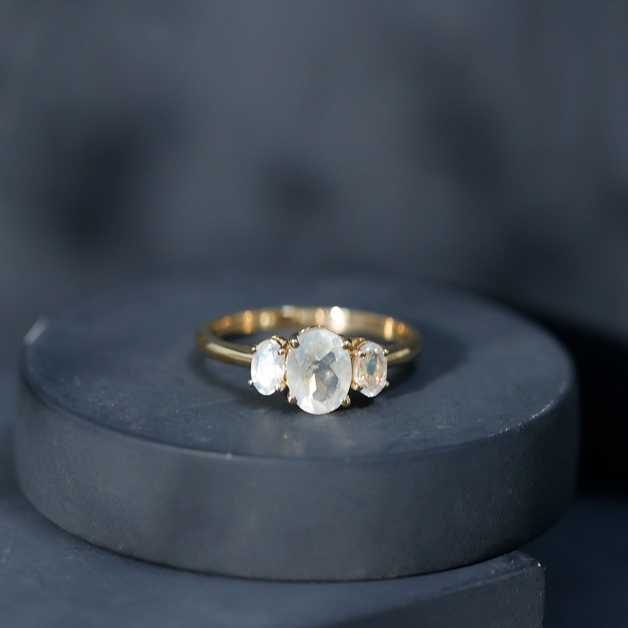 Natural Moonstone Three Stone Oval Engagement Ring AAA - Rosec Jewels
