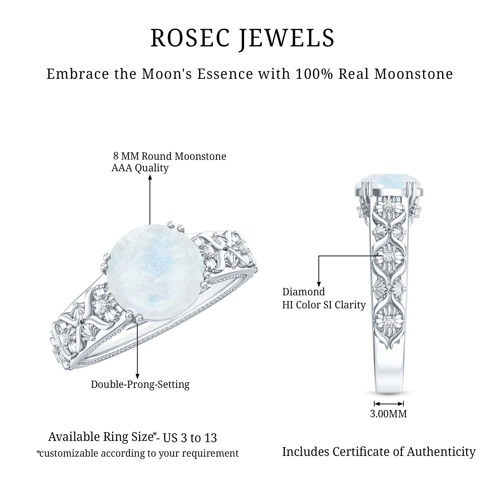 Vintage Style Moonstone and Diamond Flower Engagement Ring AAA - Rosec Jewels