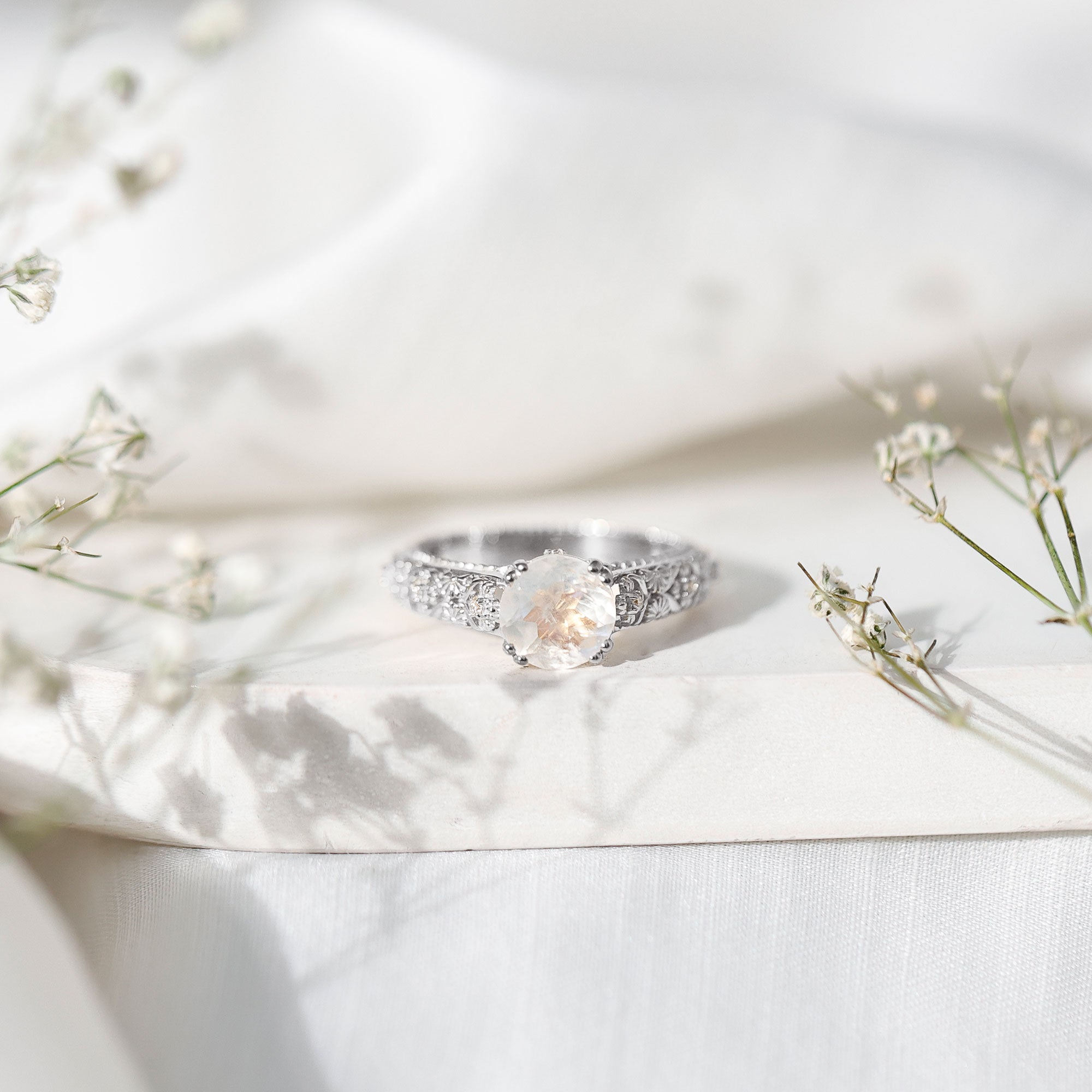 Vintage Style Moonstone and Diamond Flower Engagement Ring AAA - Rosec Jewels