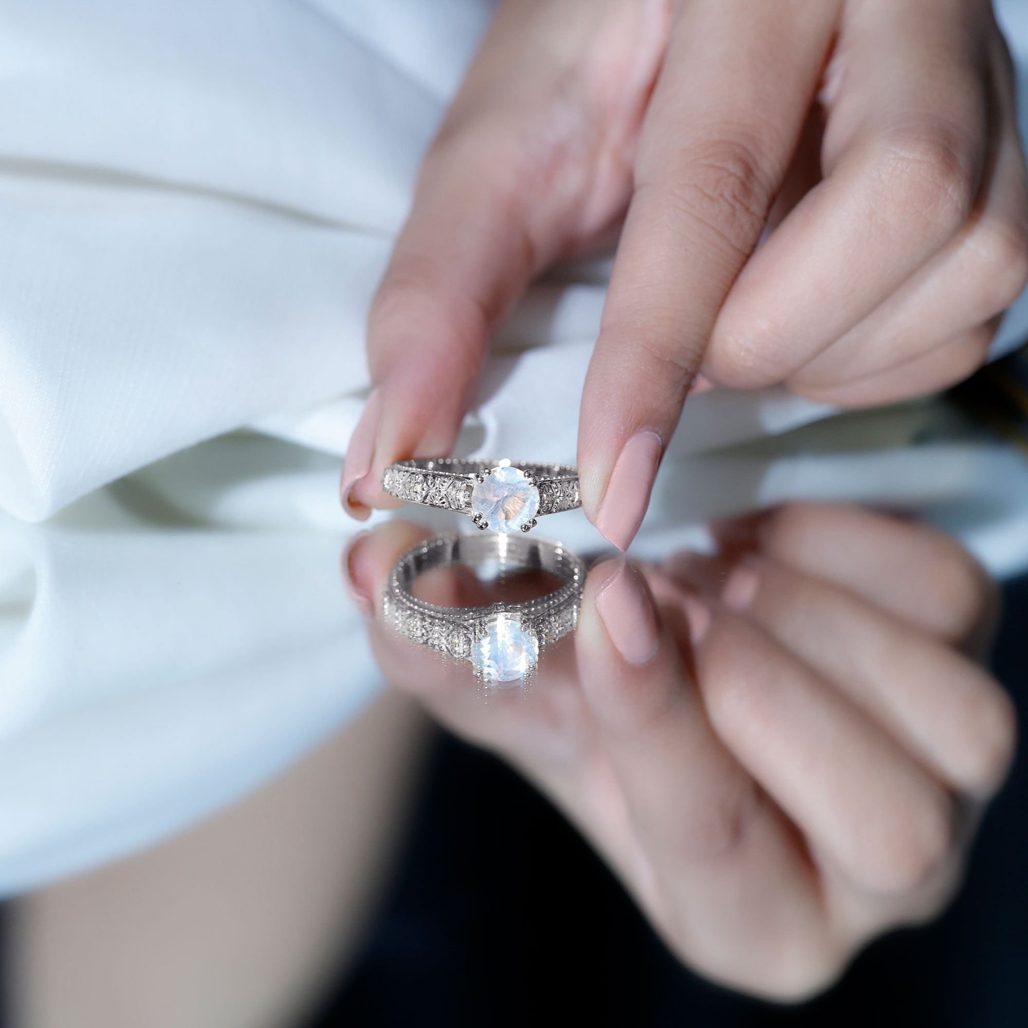 Vintage Style Moonstone and Diamond Flower Engagement Ring AAA - Rosec Jewels