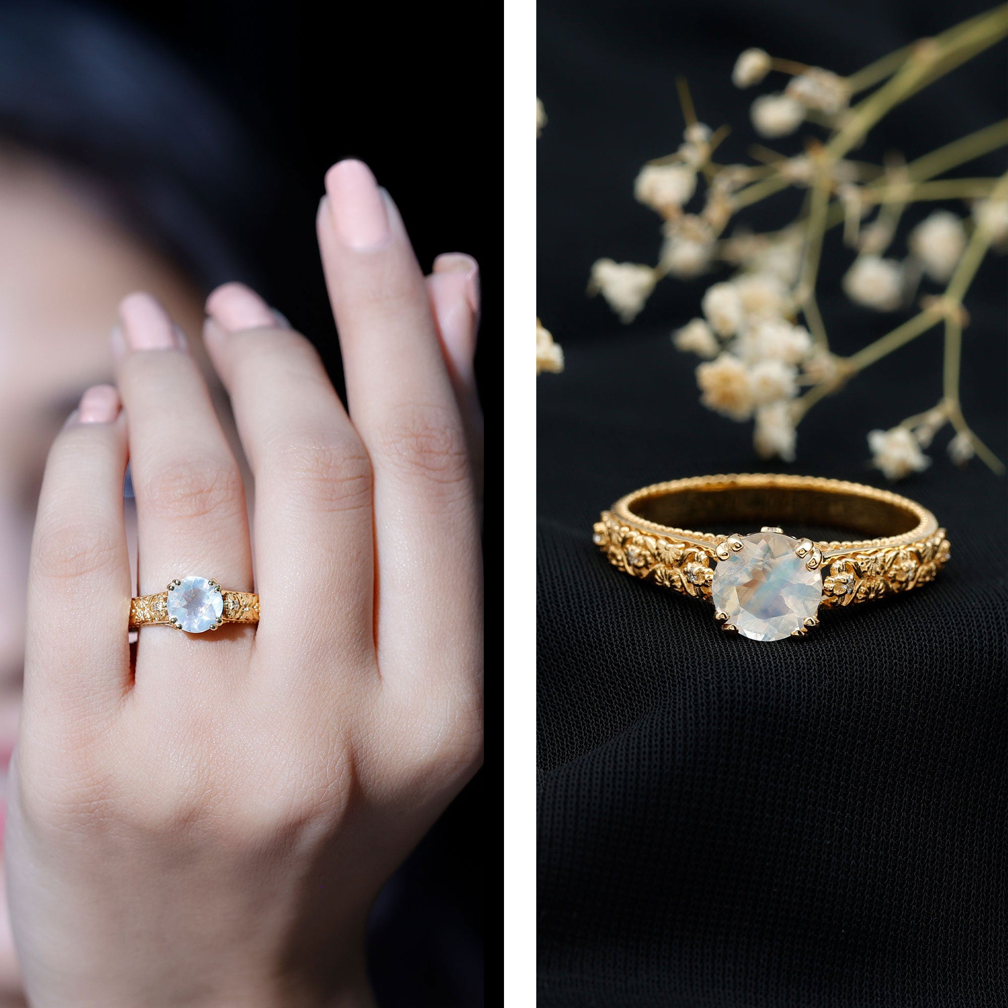 Vintage Style Moonstone and Diamond Flower Engagement Ring AAA - Rosec Jewels
