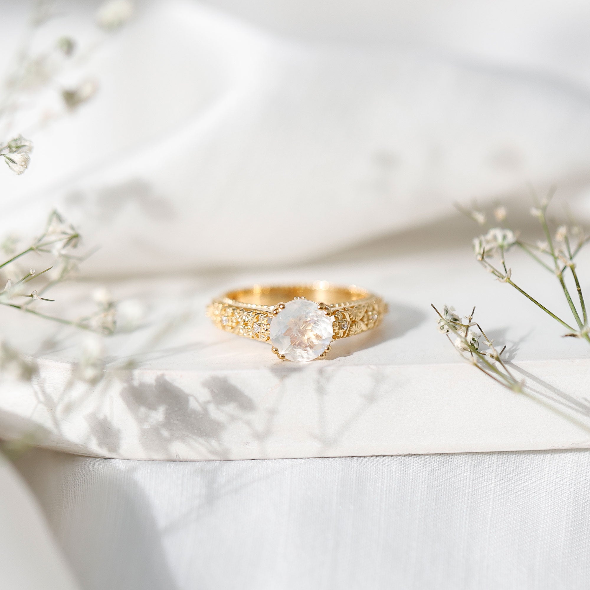 Vintage Style Moonstone and Diamond Flower Engagement Ring AAA - Rosec Jewels