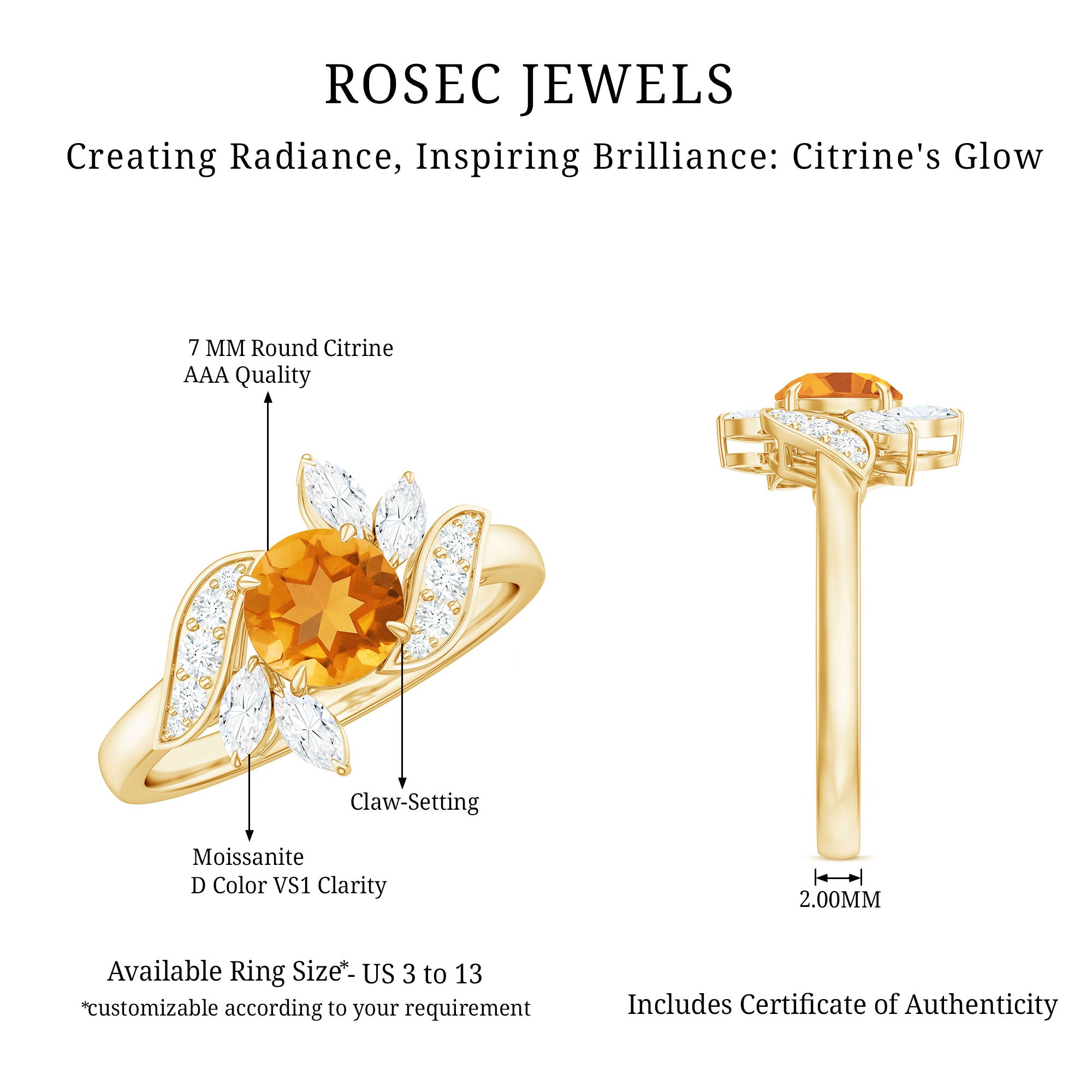 Certified Real 1.2 Carat Citrine Engagement Ring with Moissanite AAA - Rosec Jewels