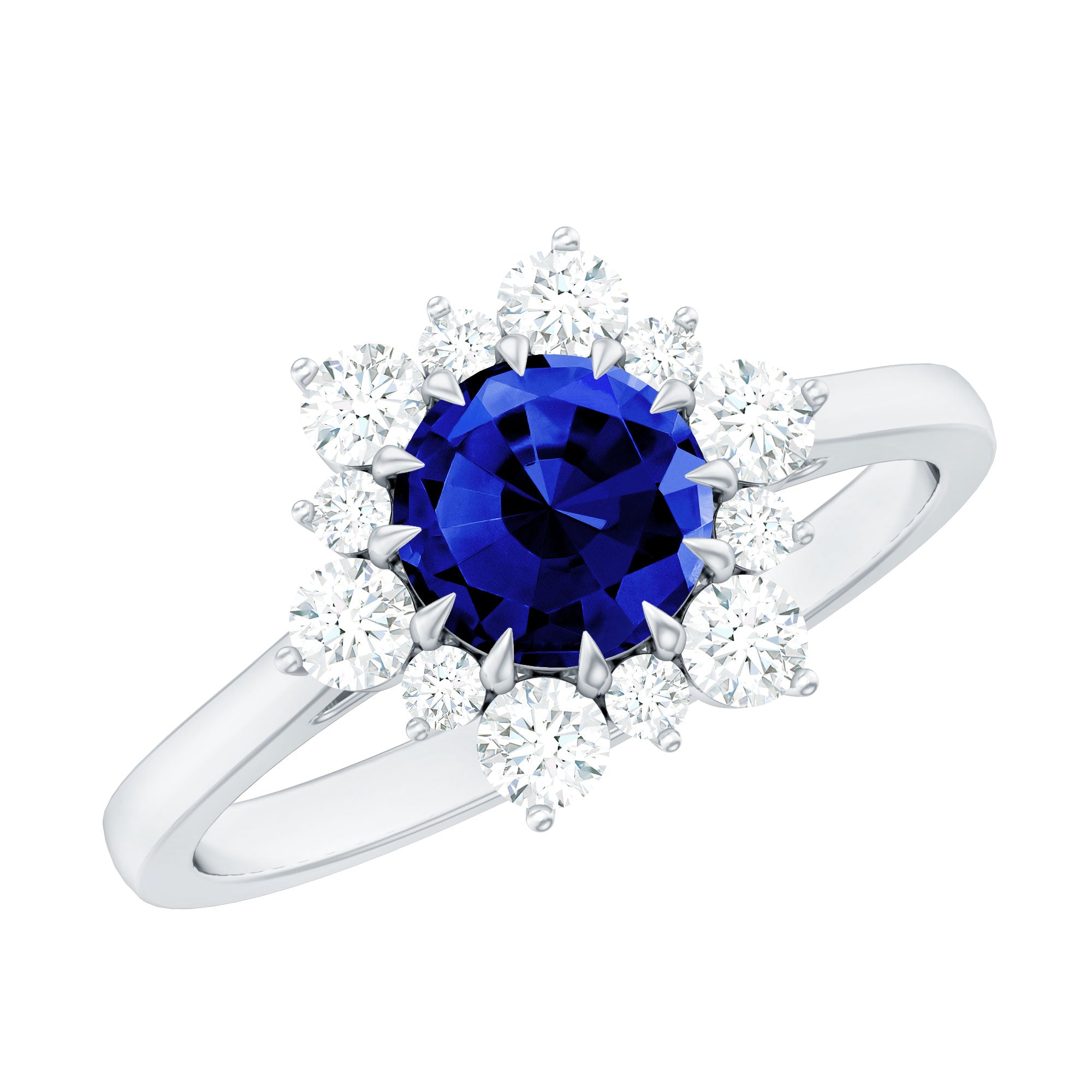 Round Cut Created Blue Sapphire Classic Halo Engagement Ring with Moissanite
