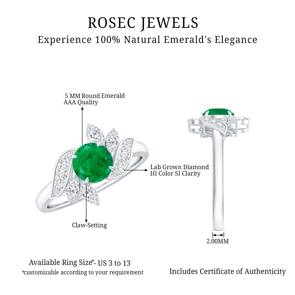 Natural 0.4 Carat Emerald Engagement Ring with Diamond AAA - Rosec Jewels