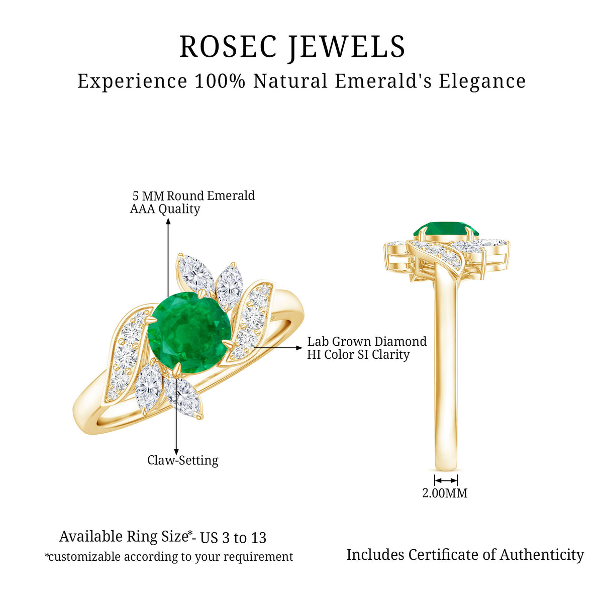 Natural 0.4 Carat Emerald Engagement Ring with Diamond AAA - Rosec Jewels