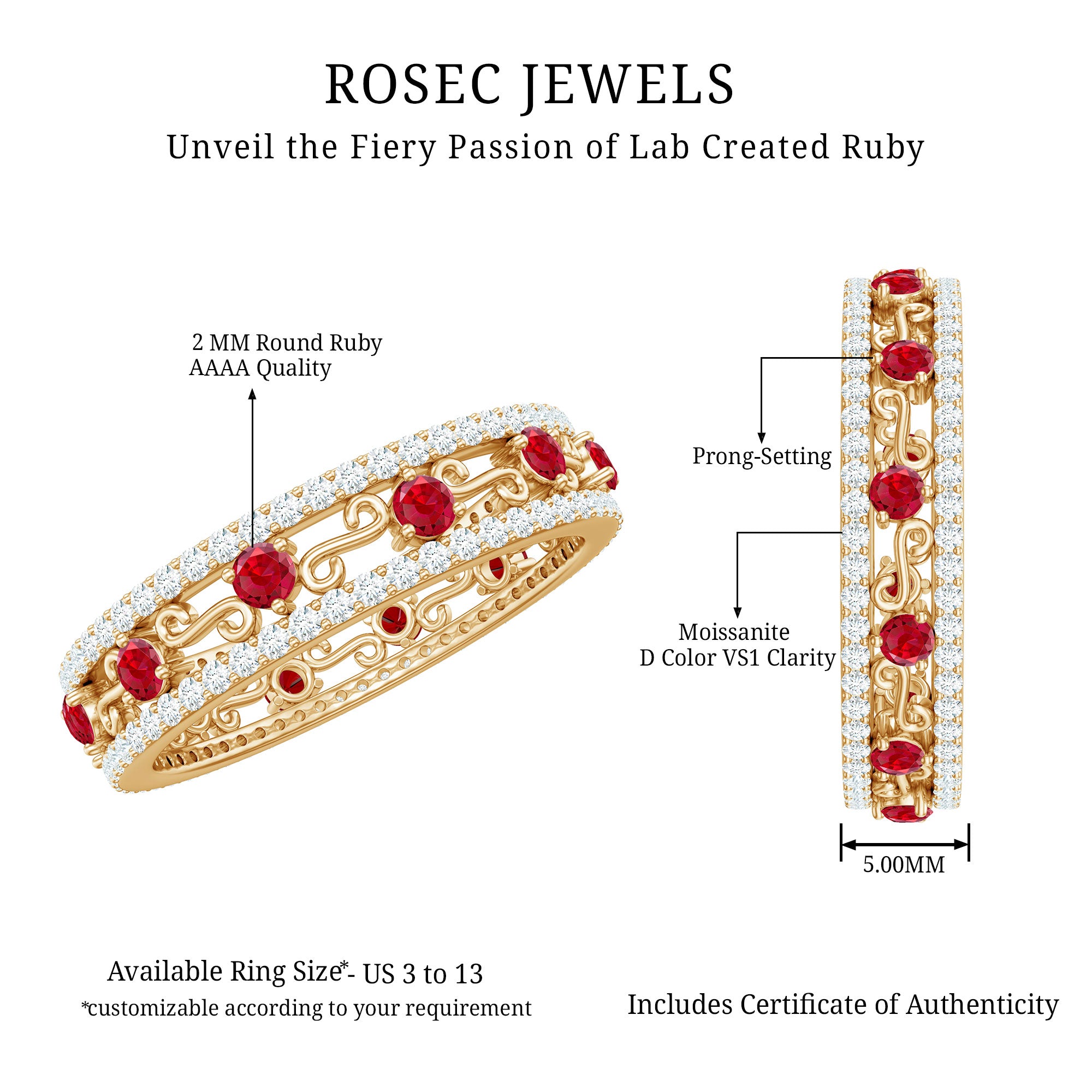 Classic Lab Created Ruby and Moissanite Eternity Wedding Band AAAA - Rosec Jewels
