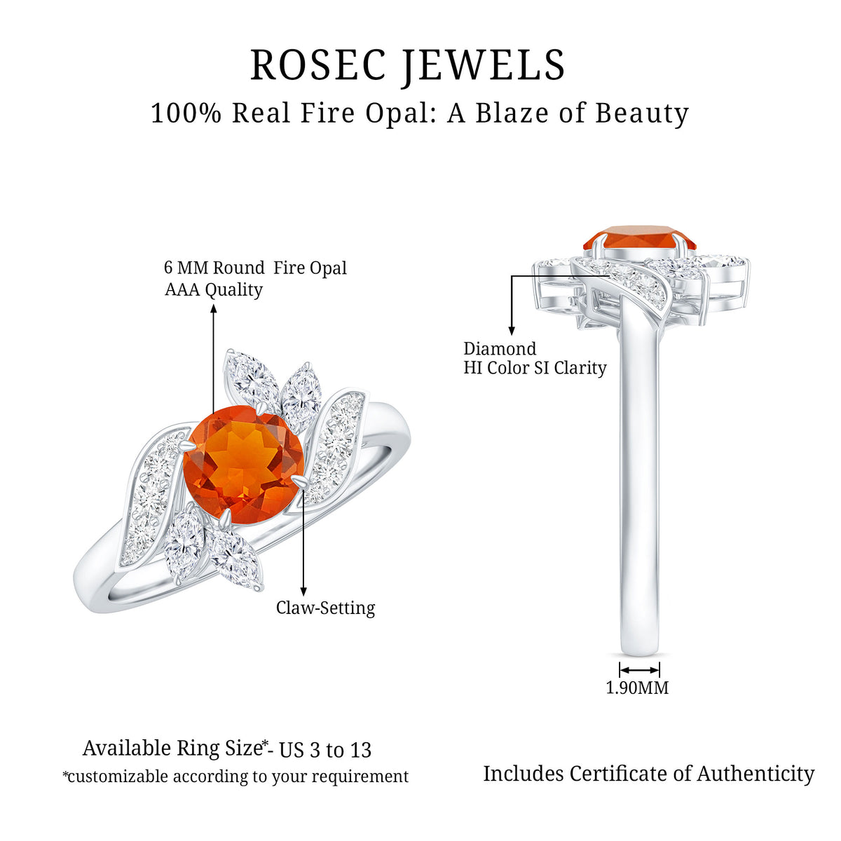 0.7 Carat Fire Opal Flower Engagement Ring with Diamond AAA - Rosec Jewels