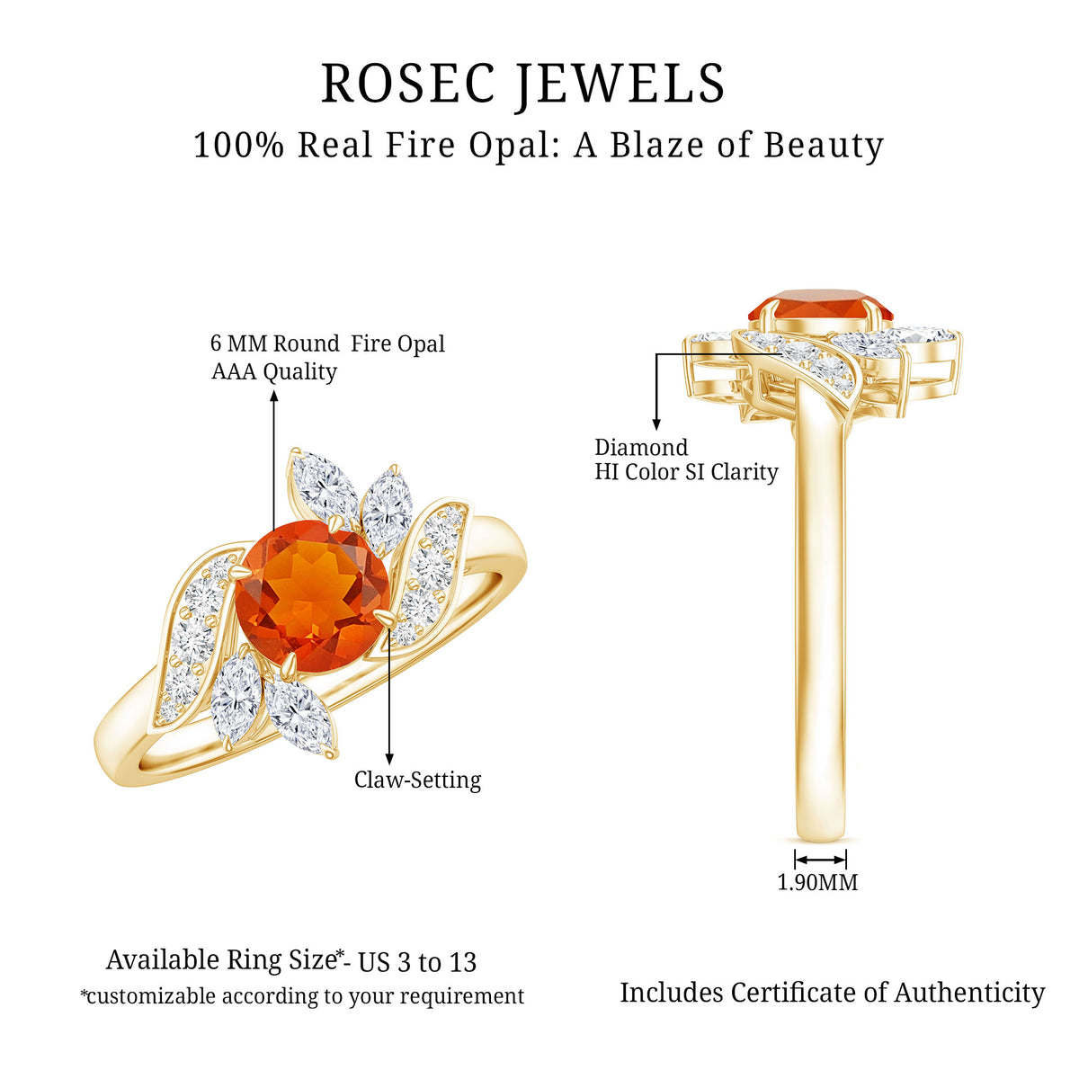 0.7 Carat Fire Opal Flower Engagement Ring with Diamond AAA - Rosec Jewels